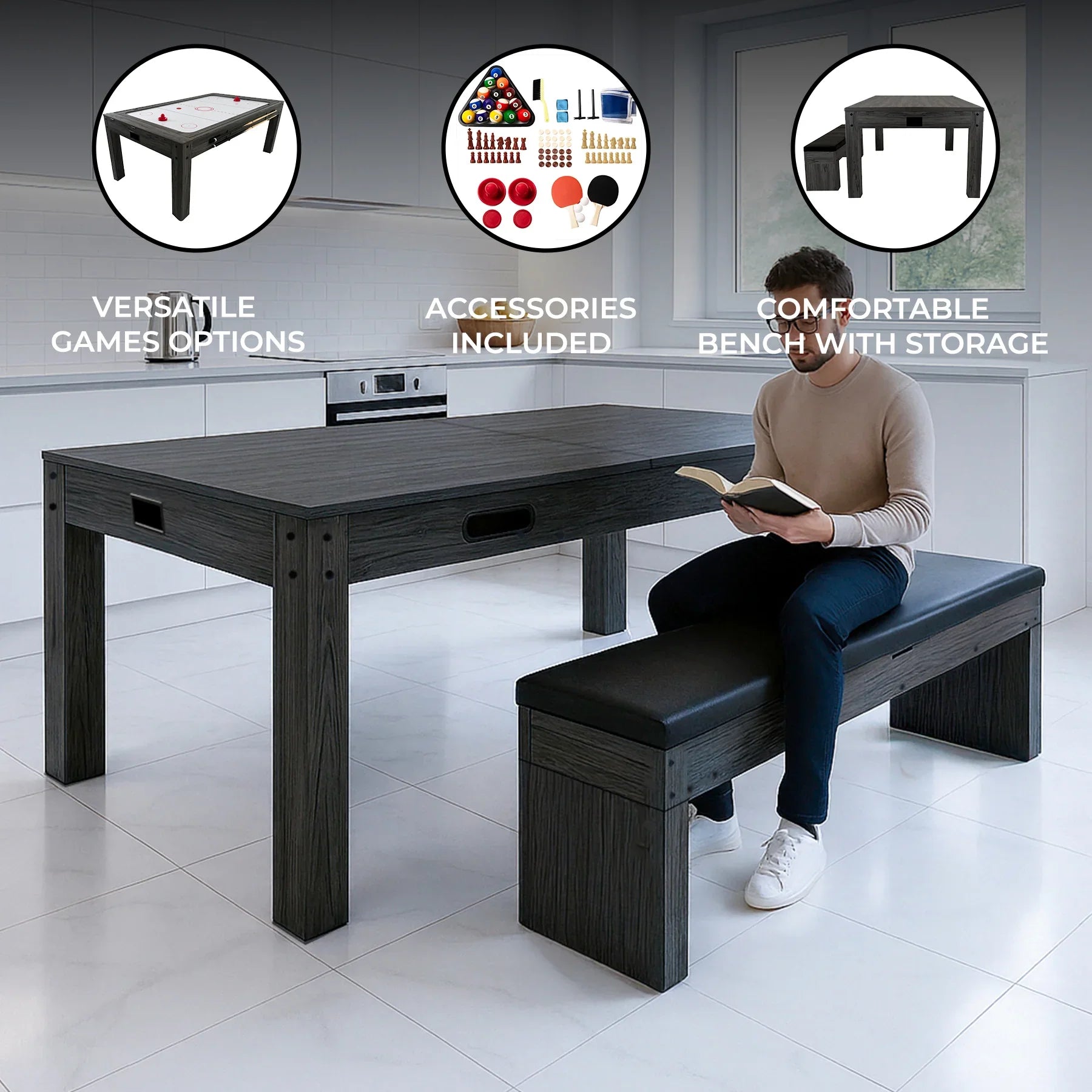 7-In-1 Games Table & Storage Bench - Grey