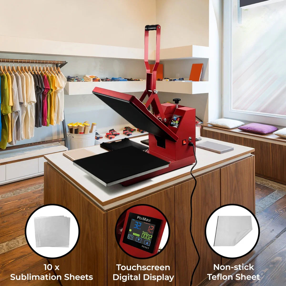 Clam Heat Press 38 x 38cm, PTFE Sheet & Sublimation Paper