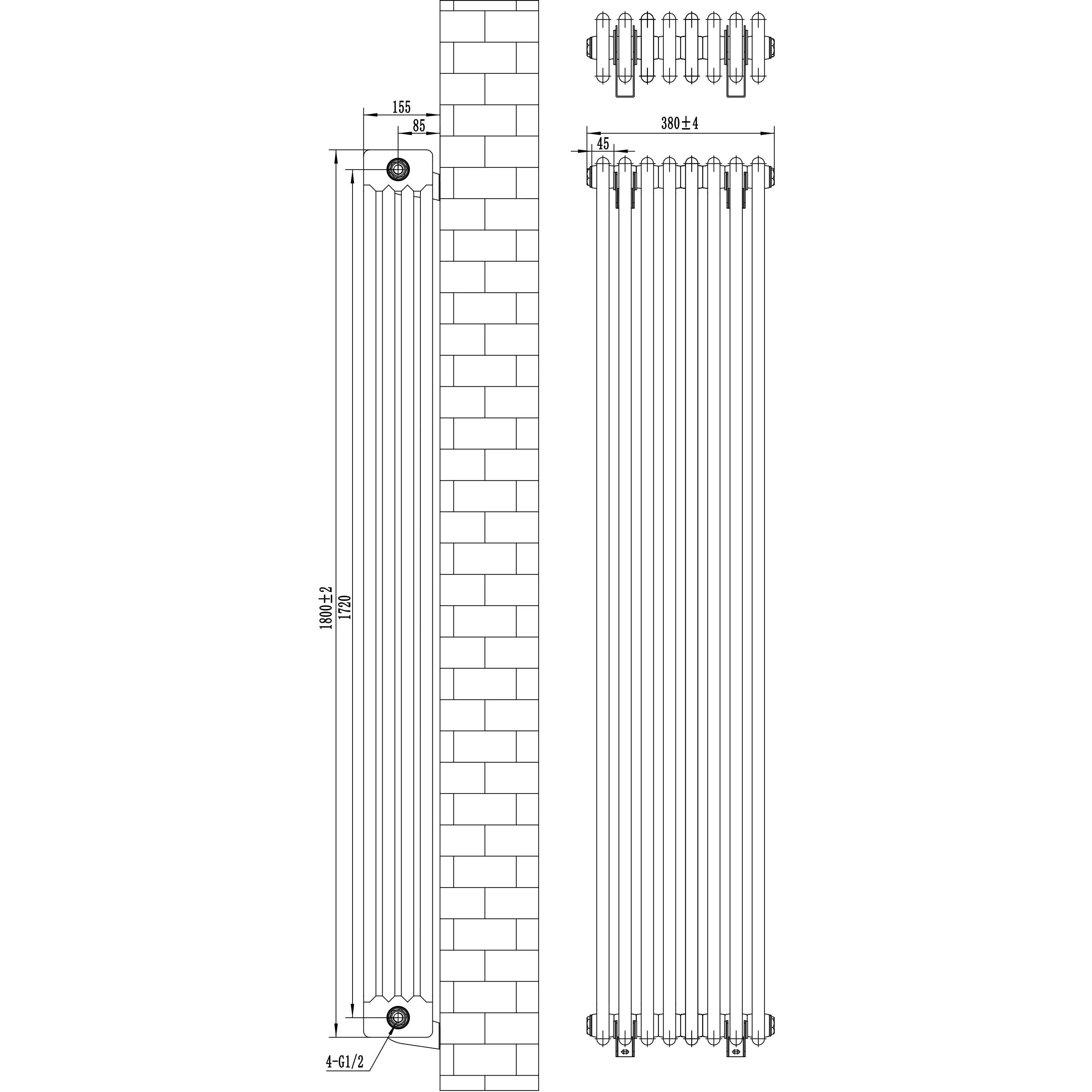 Traditional 4 Column Radiator & Valves - 1800 x 380mm - White