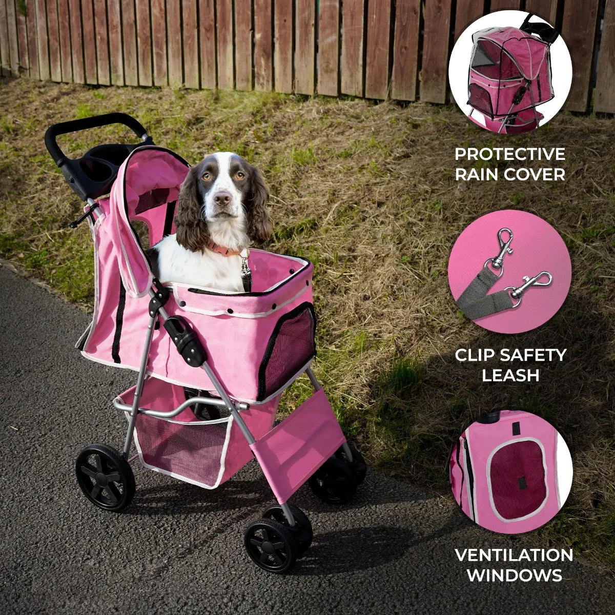 Pet Stroller with Rain Cover – Pink