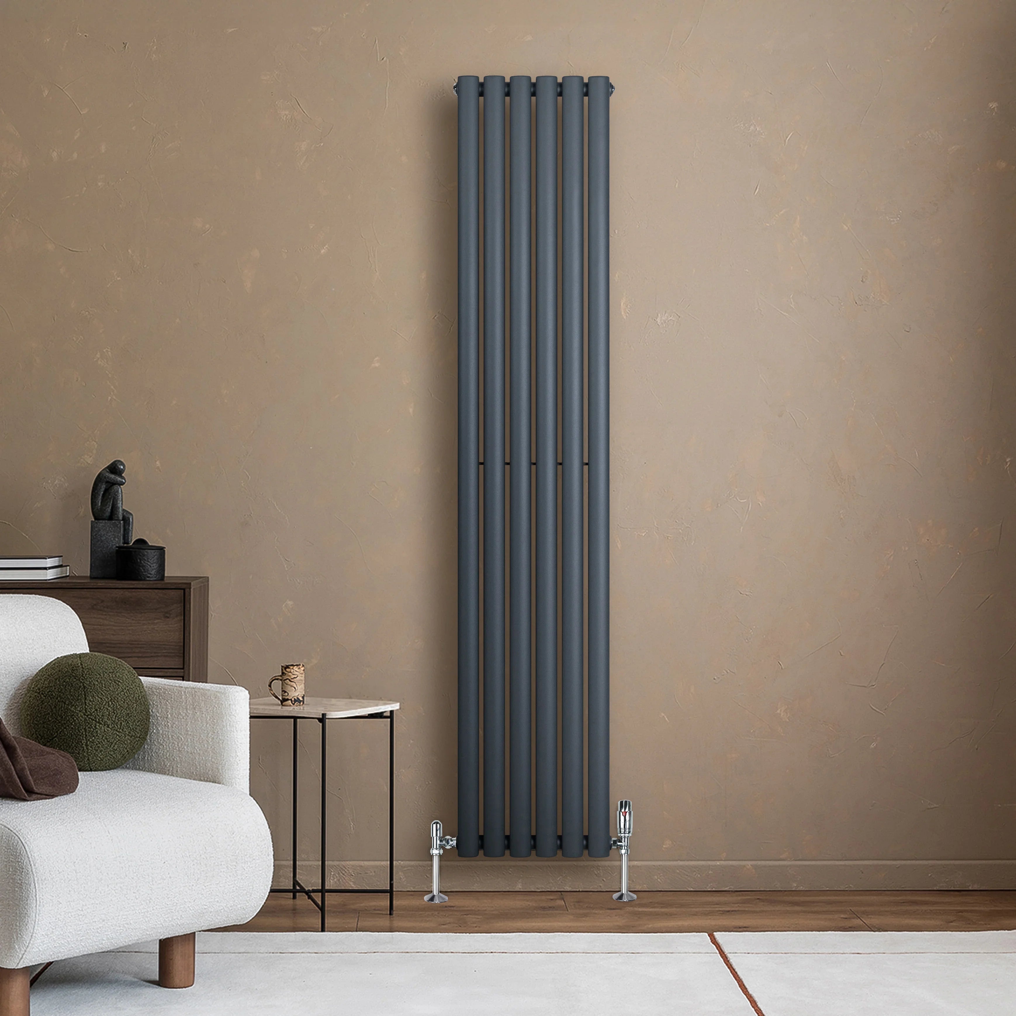 Oval Single Column Radiator & Valves – 1800mm x 360mm – Anthracite Grey