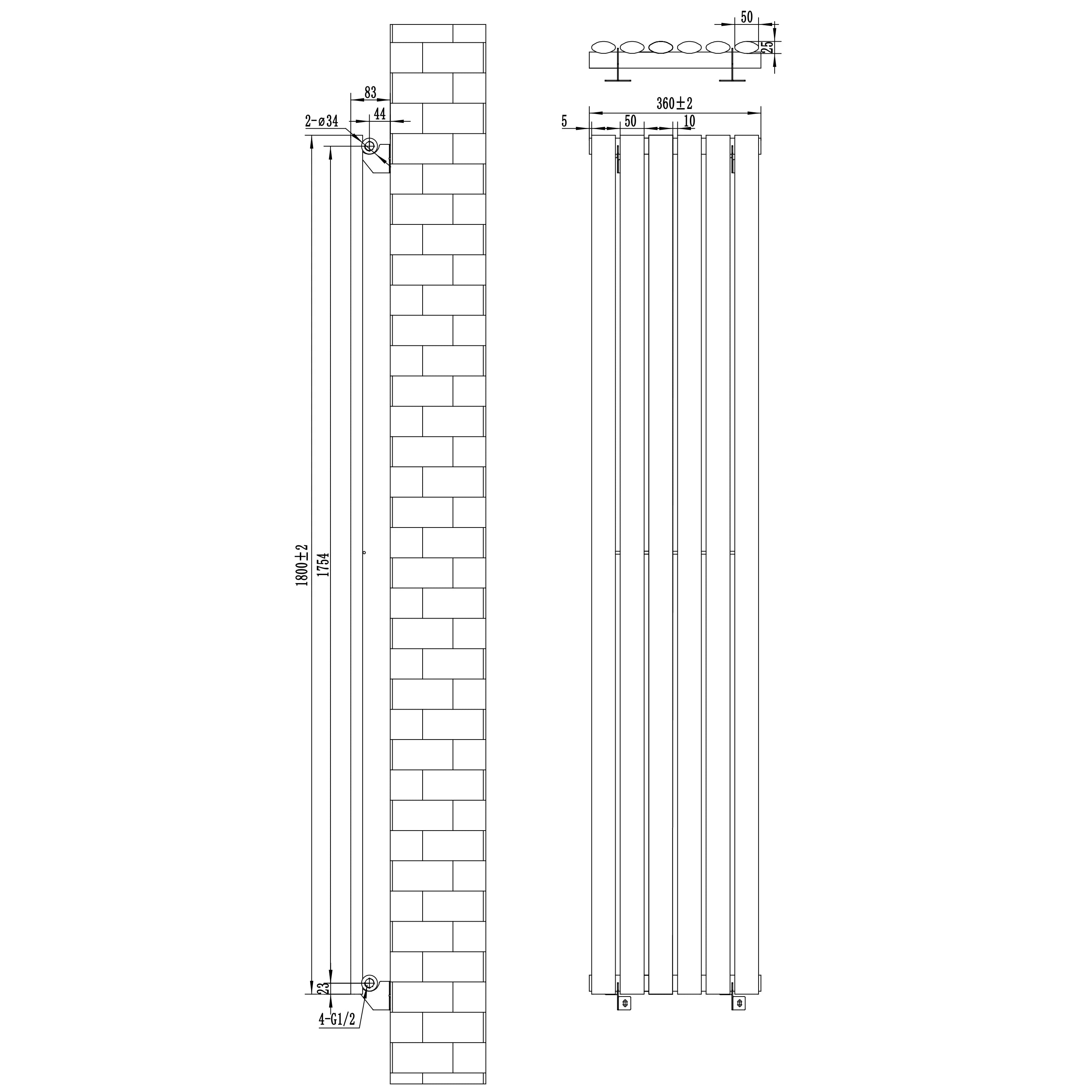 Oval Single Column Radiator & Valves – 1800mm x 360mm – Anthracite Grey