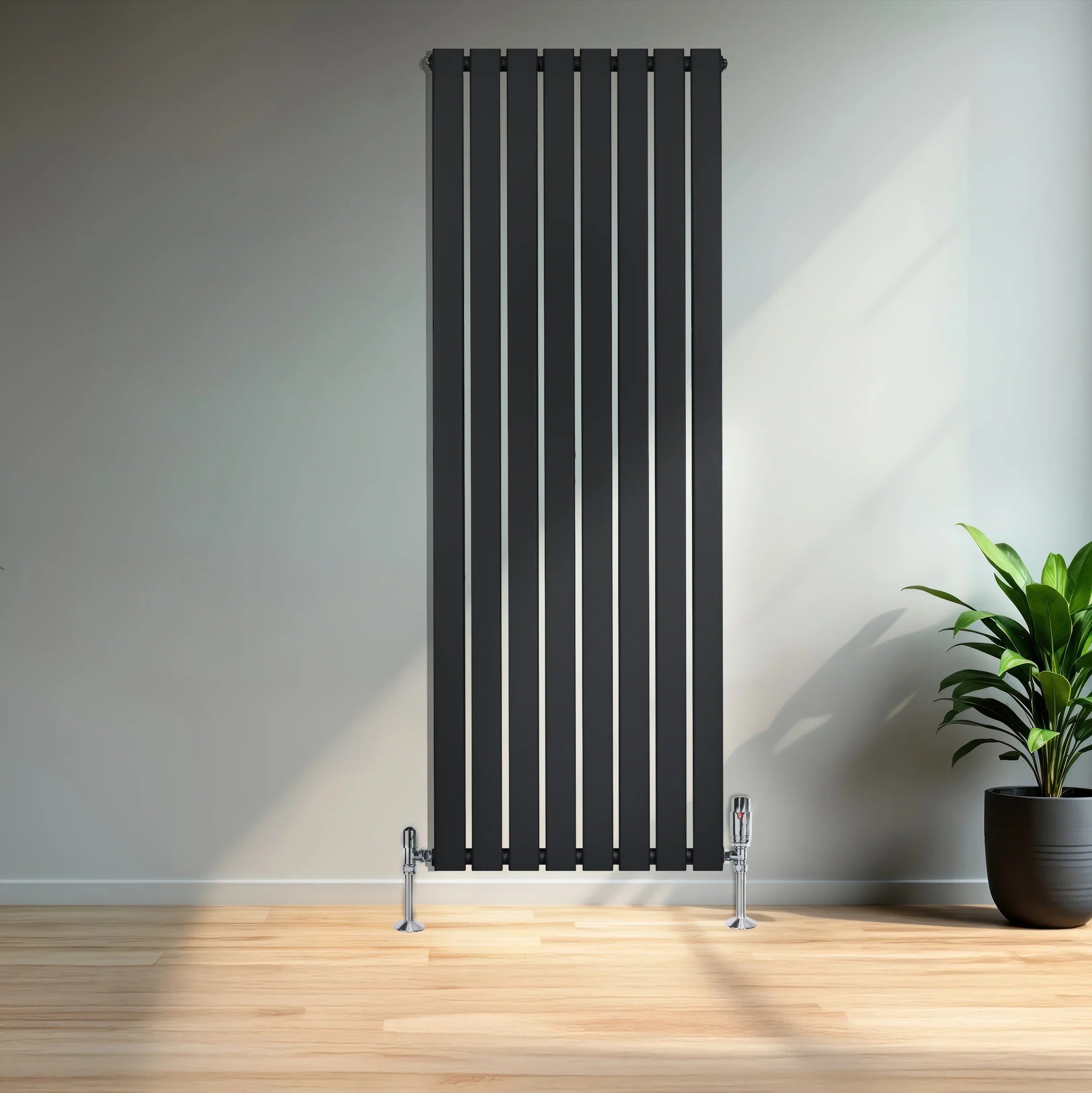 Flat Single Column Radiator & Valves – 1600mm x 560mm – Black