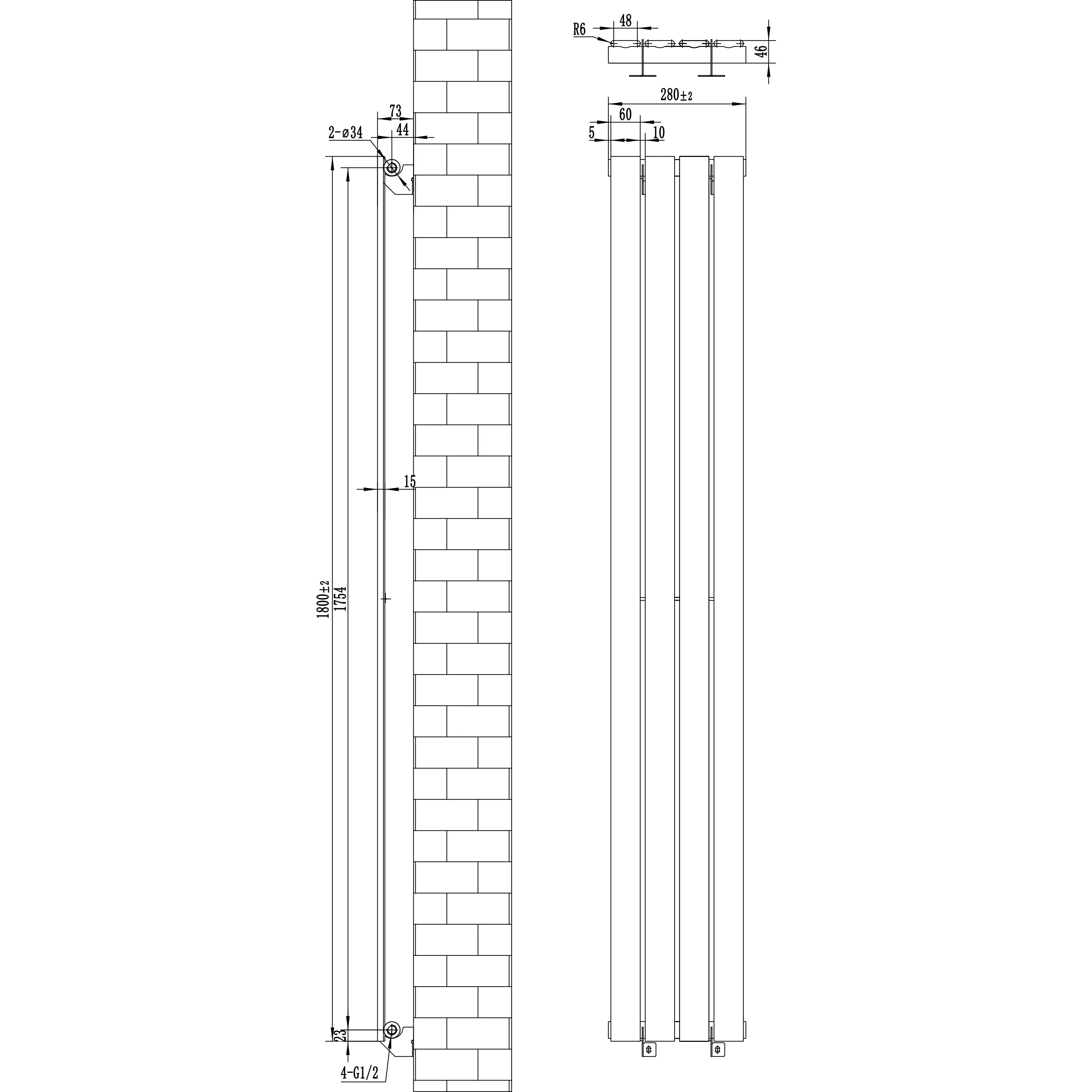 Flat Single Column Radiator & Valves – 1800mm x 280mm – White
