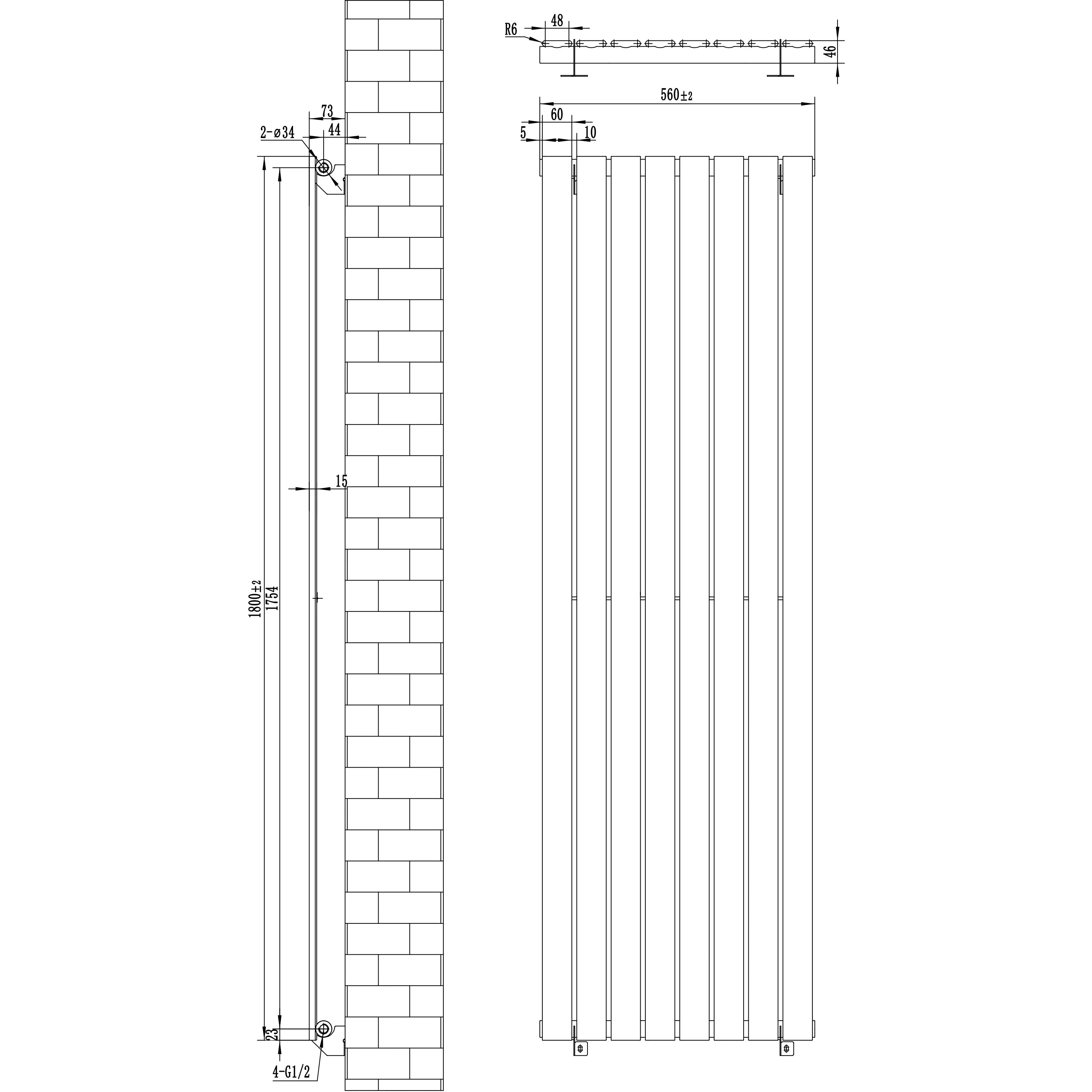 Flat Single Column Radiator & Valves – 1800mm x 560mm – Black