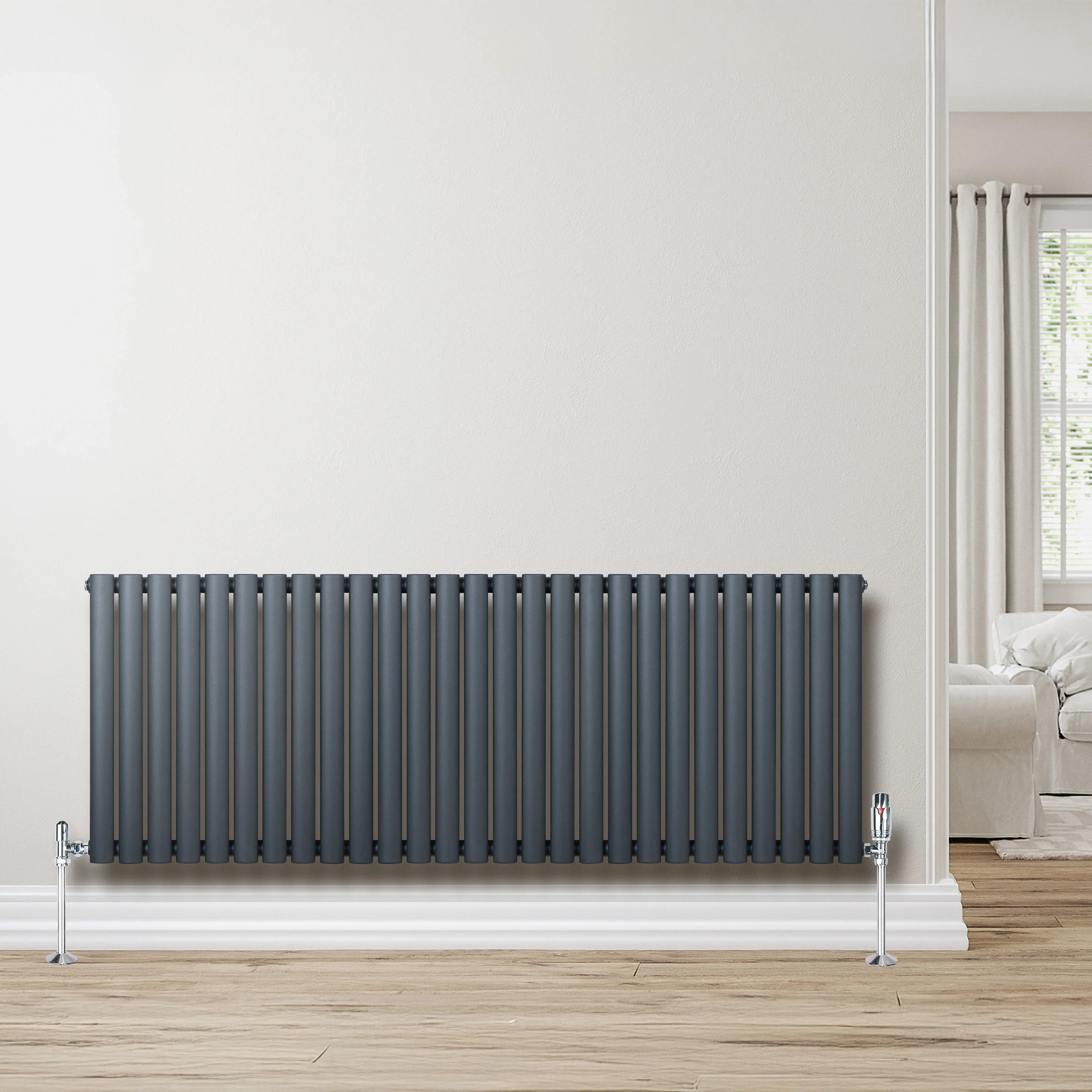 Oval Single Column Radiator & Valves – 600mm x 1620mm – Anthracite Grey