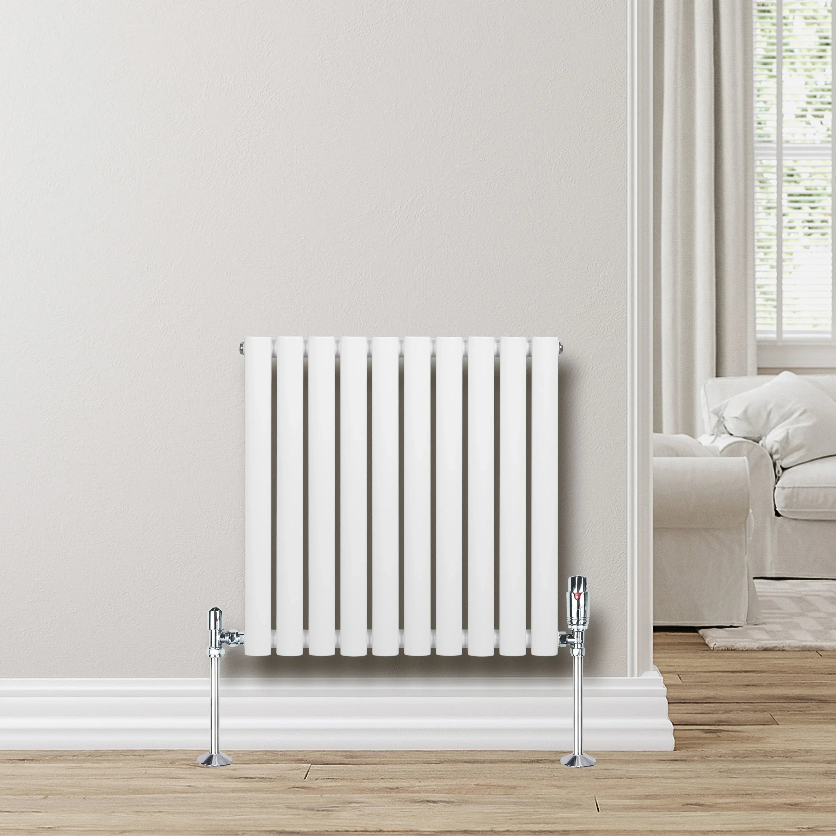 Oval Single Column Radiator & Valves – 600mm x 600mm – White