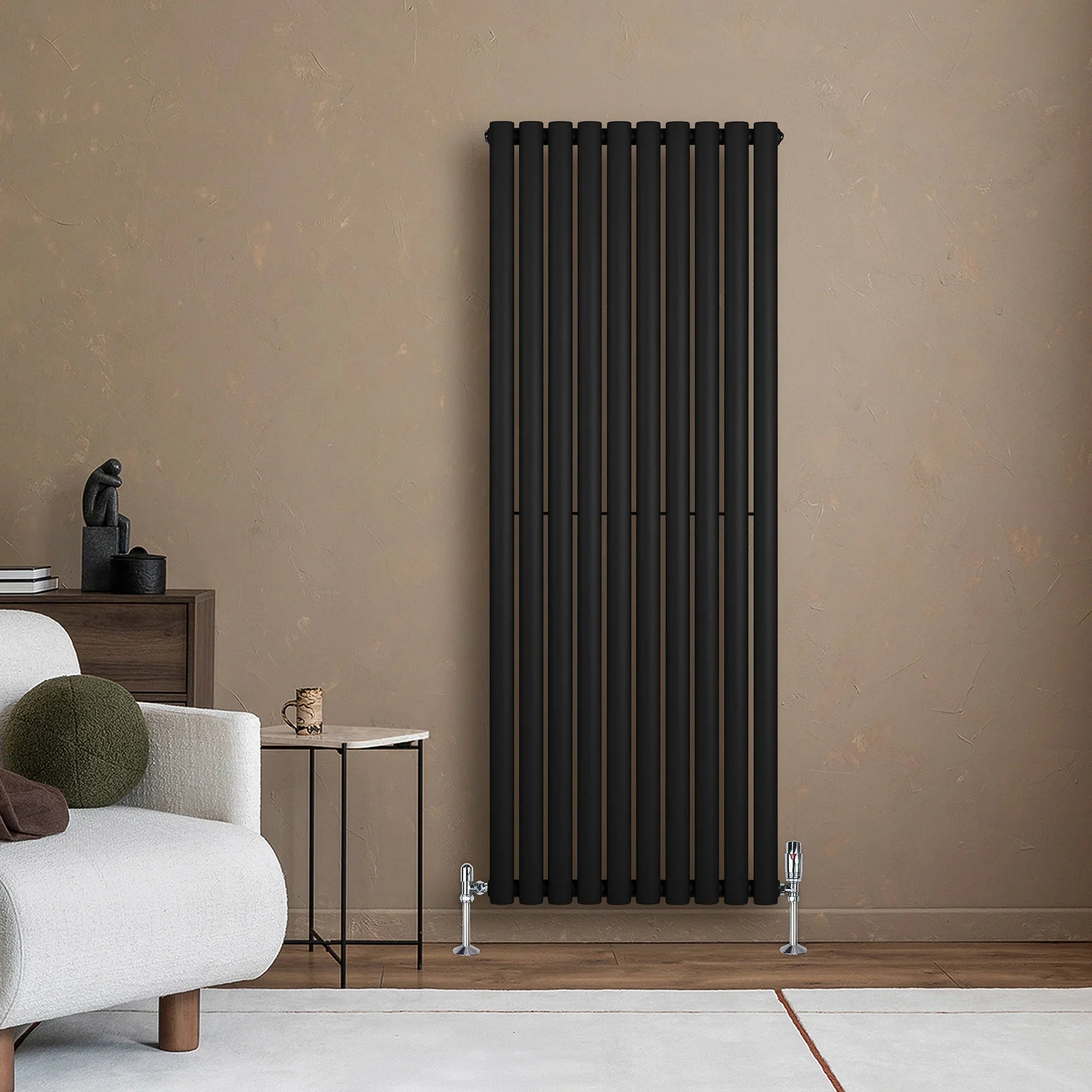Oval Single Column Radiator & Valves – 1600mm x 600mm – Black