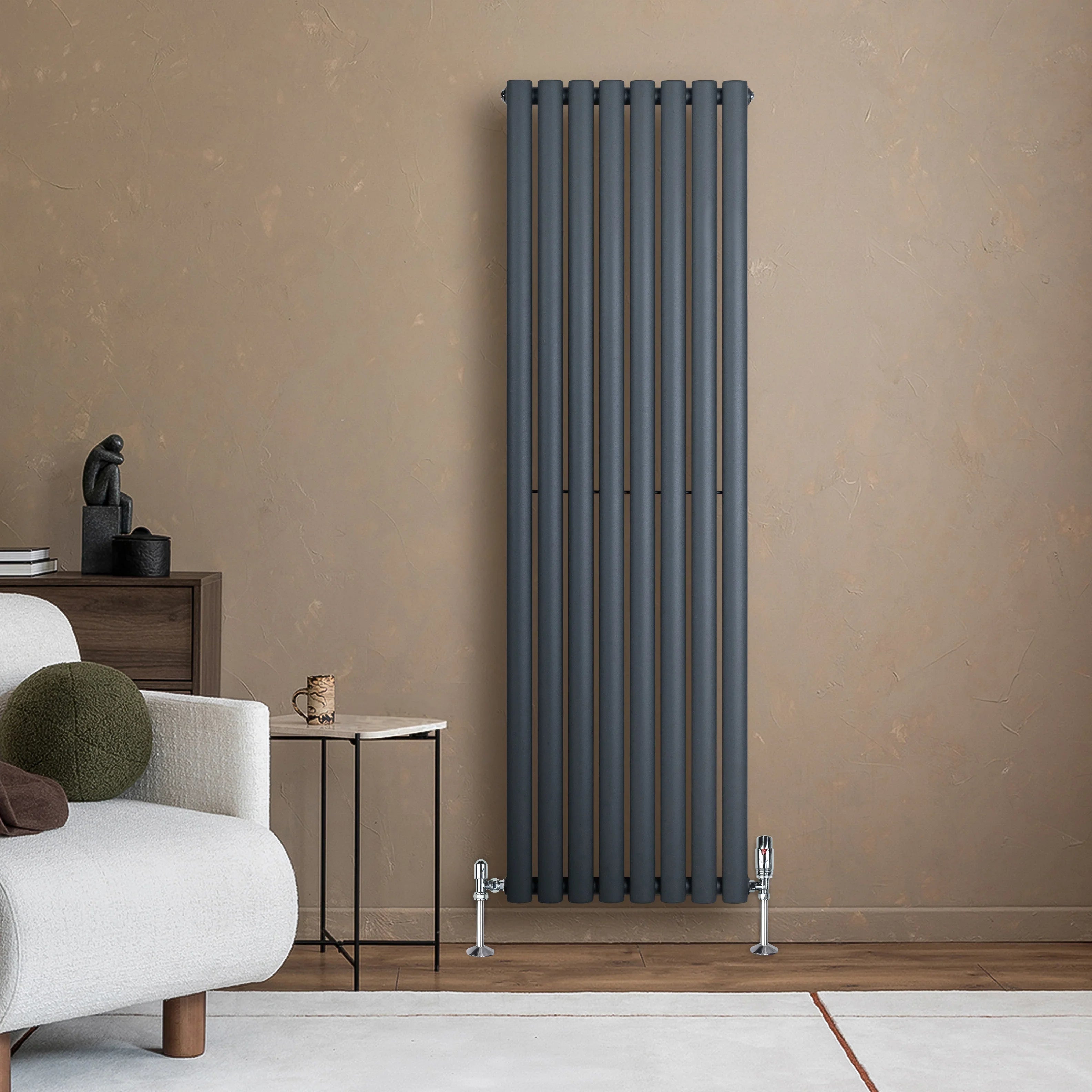 Oval Single Column Radiator & Valves – 1600mm x 480mm – Anthracite Grey