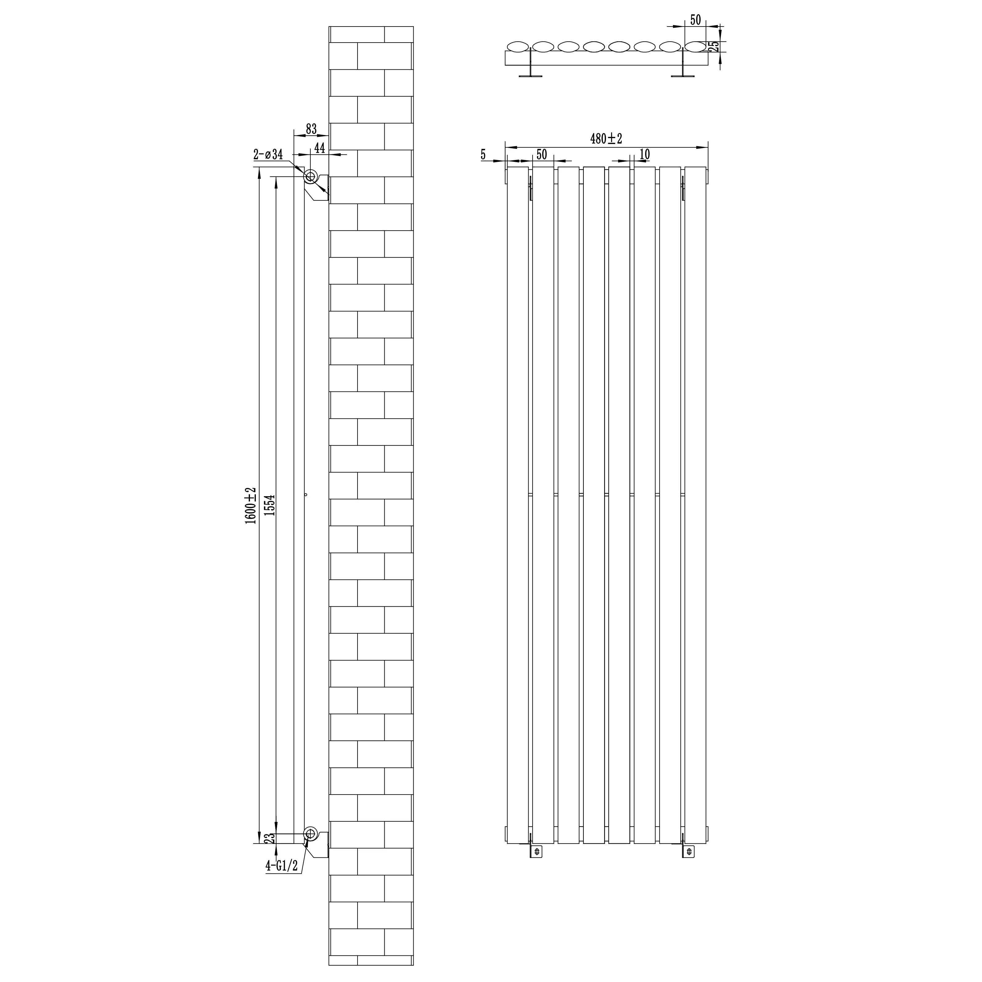 Oval Single Column Radiator & Valves – 1600mm x 480mm – Anthracite Grey