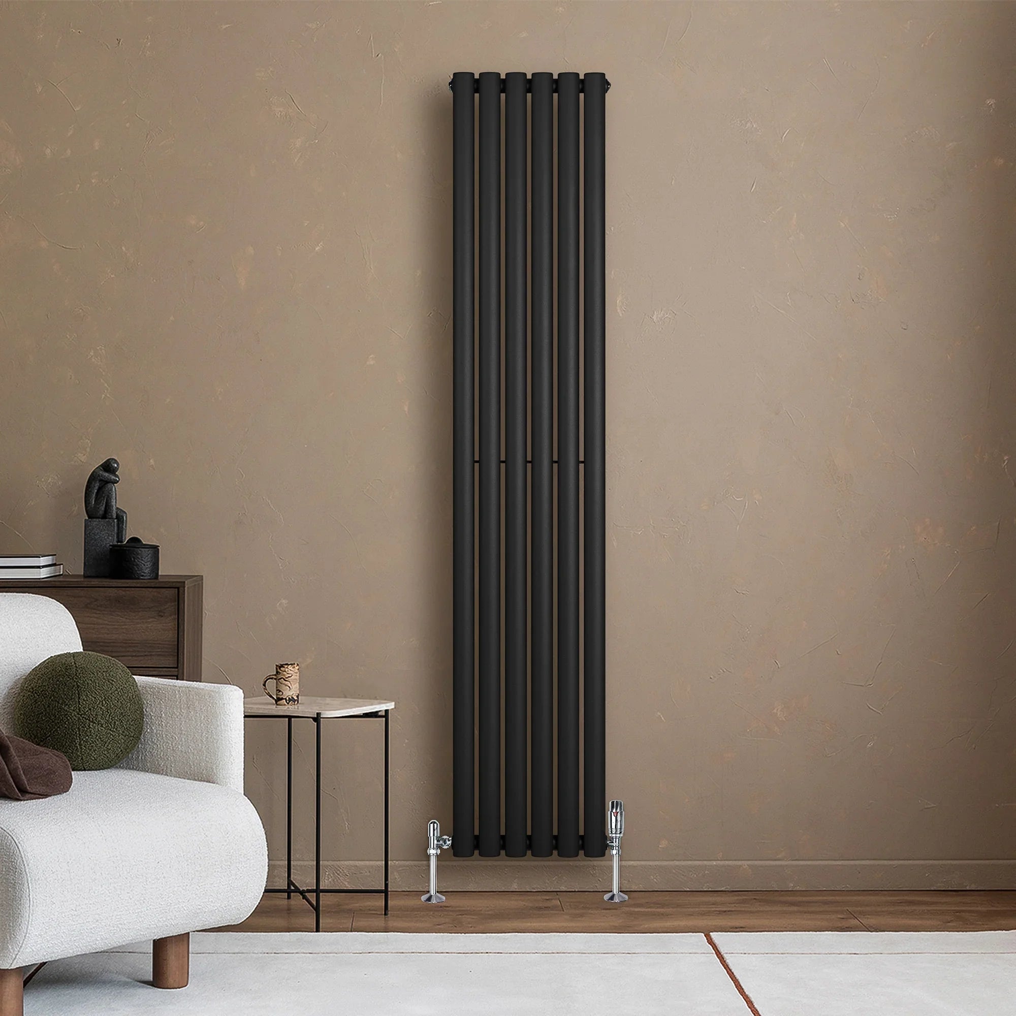 Oval Single Column Radiator & Valves – 1800mm x 360mm – Black