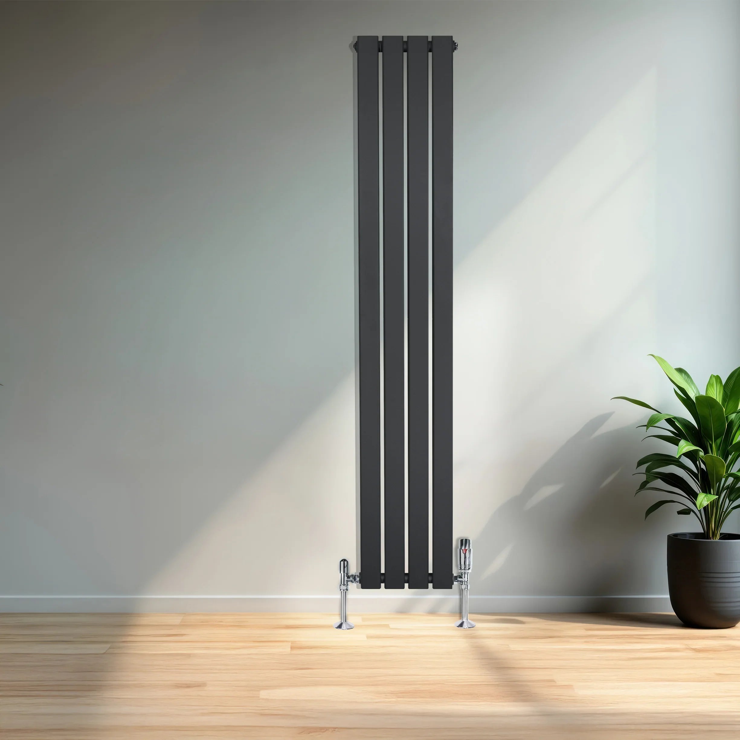 Flat Single Column Radiator & Valves – 1600mm x 280mm – Anthracite Grey