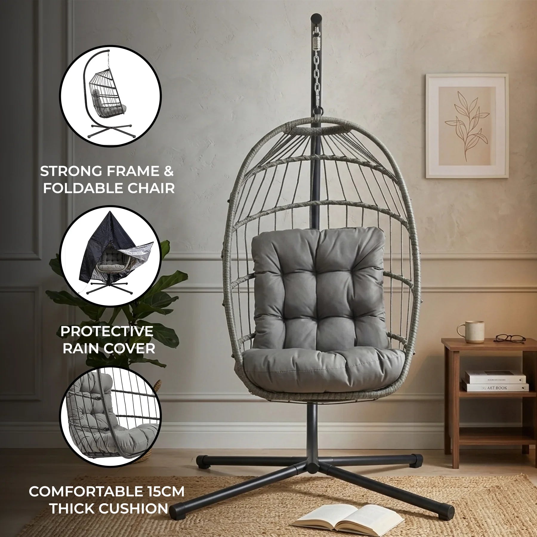 Rattan Hanging Egg Chair – Grey