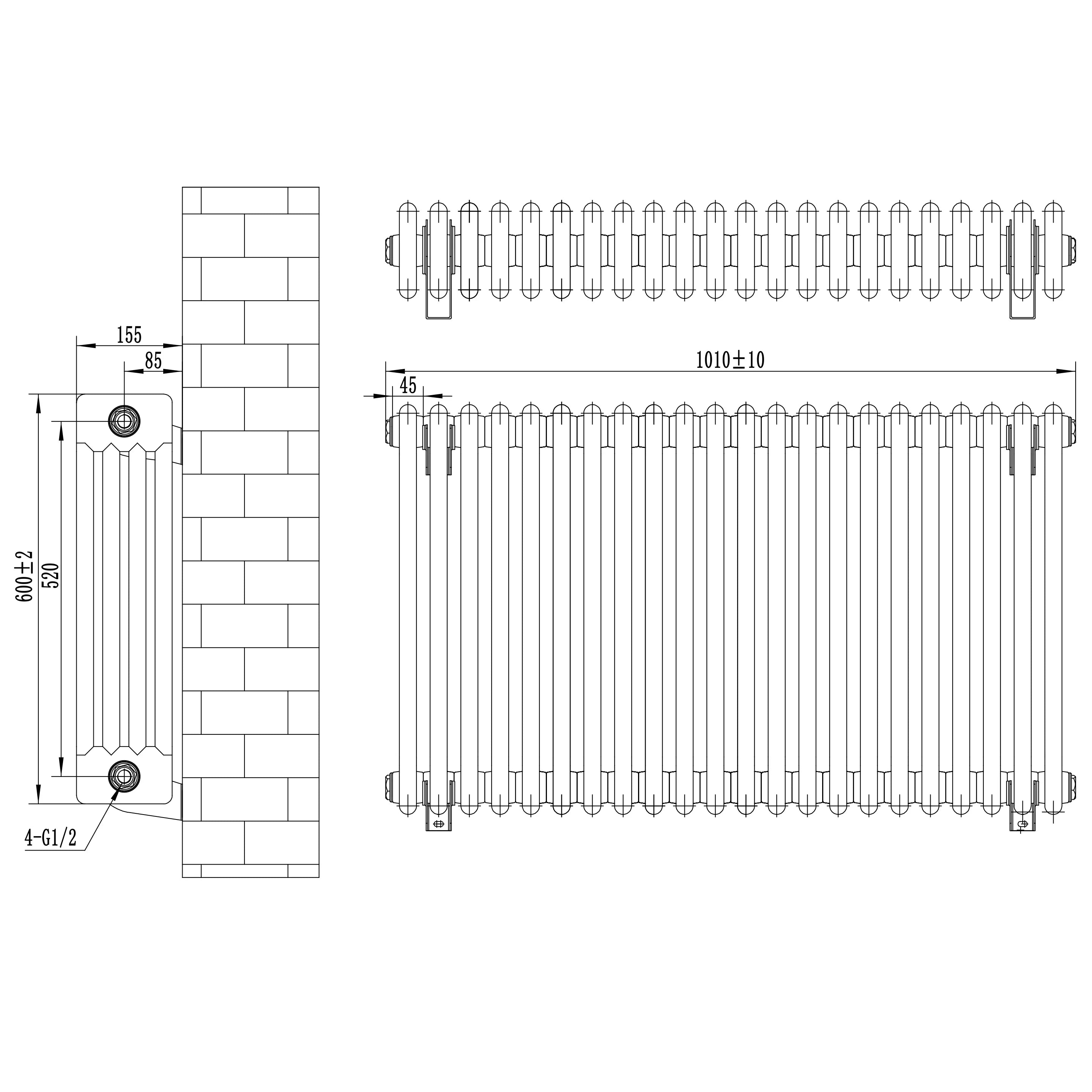 Traditional 4 Column Radiator & Valves - 600 x 1010mm - White
