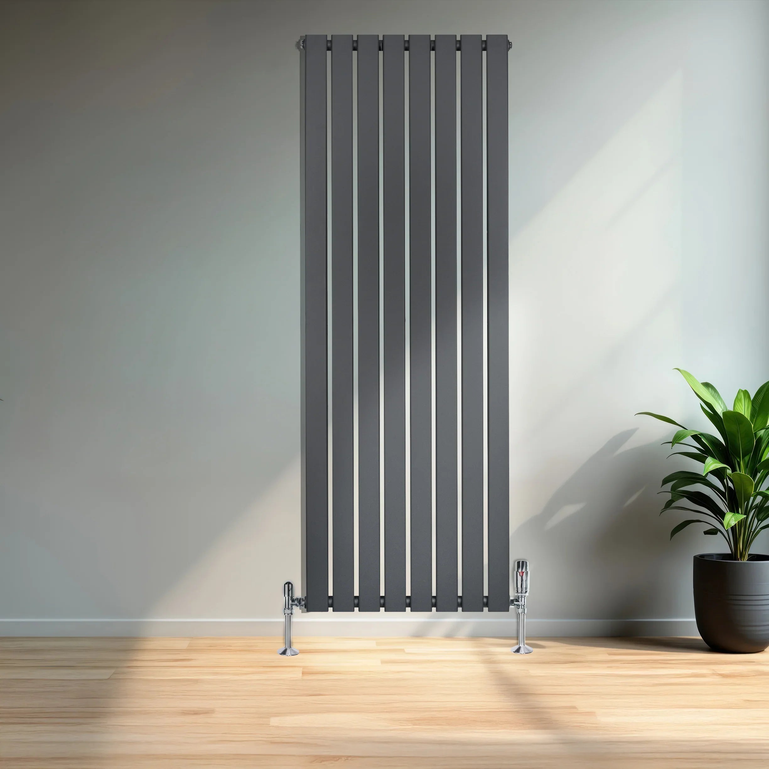 Flat Single Column Radiator & Valves – 1600mm x 560mm – Anthracite Grey