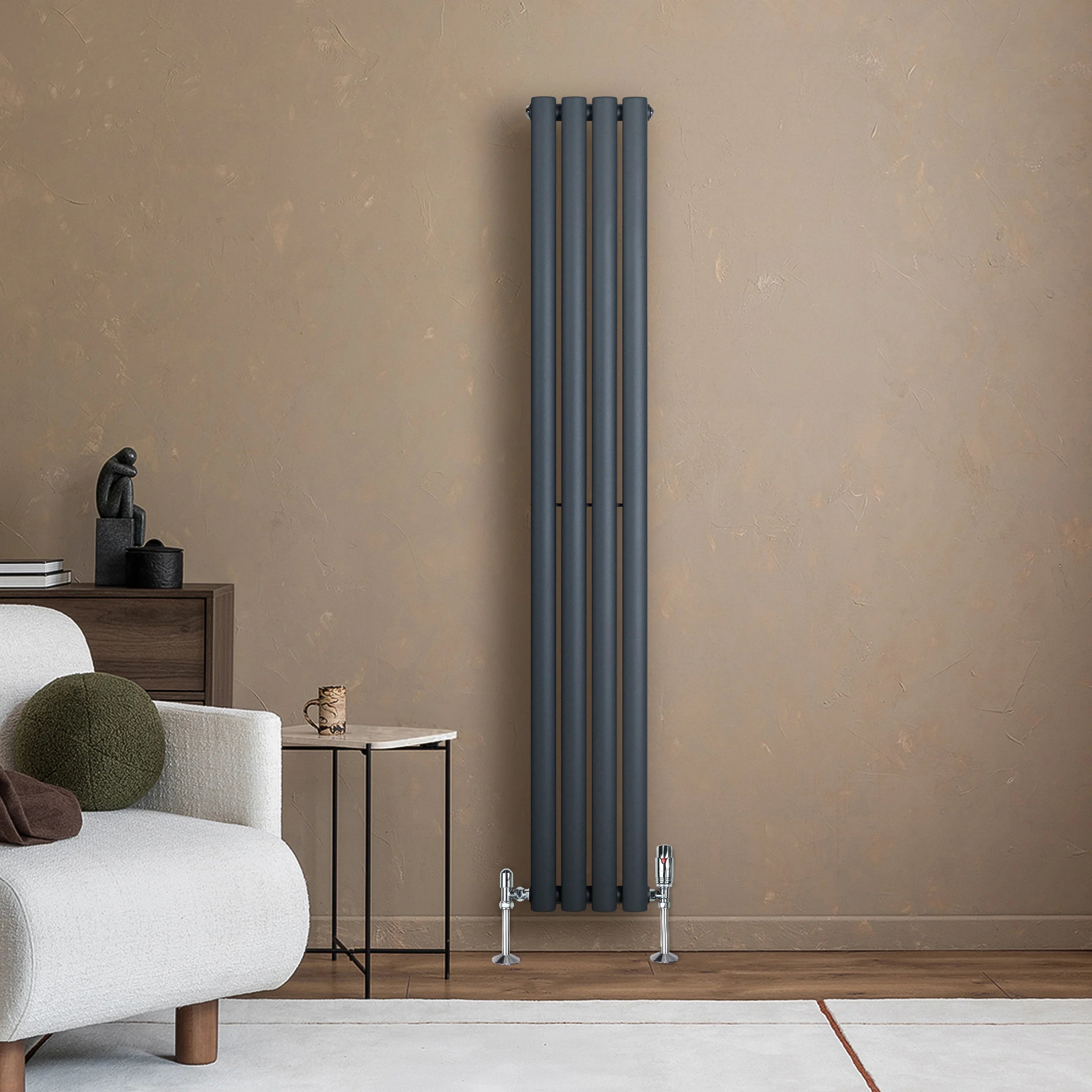 Oval Single Column Radiator & Valves – 1600mm x 240mm – Anthracite Grey