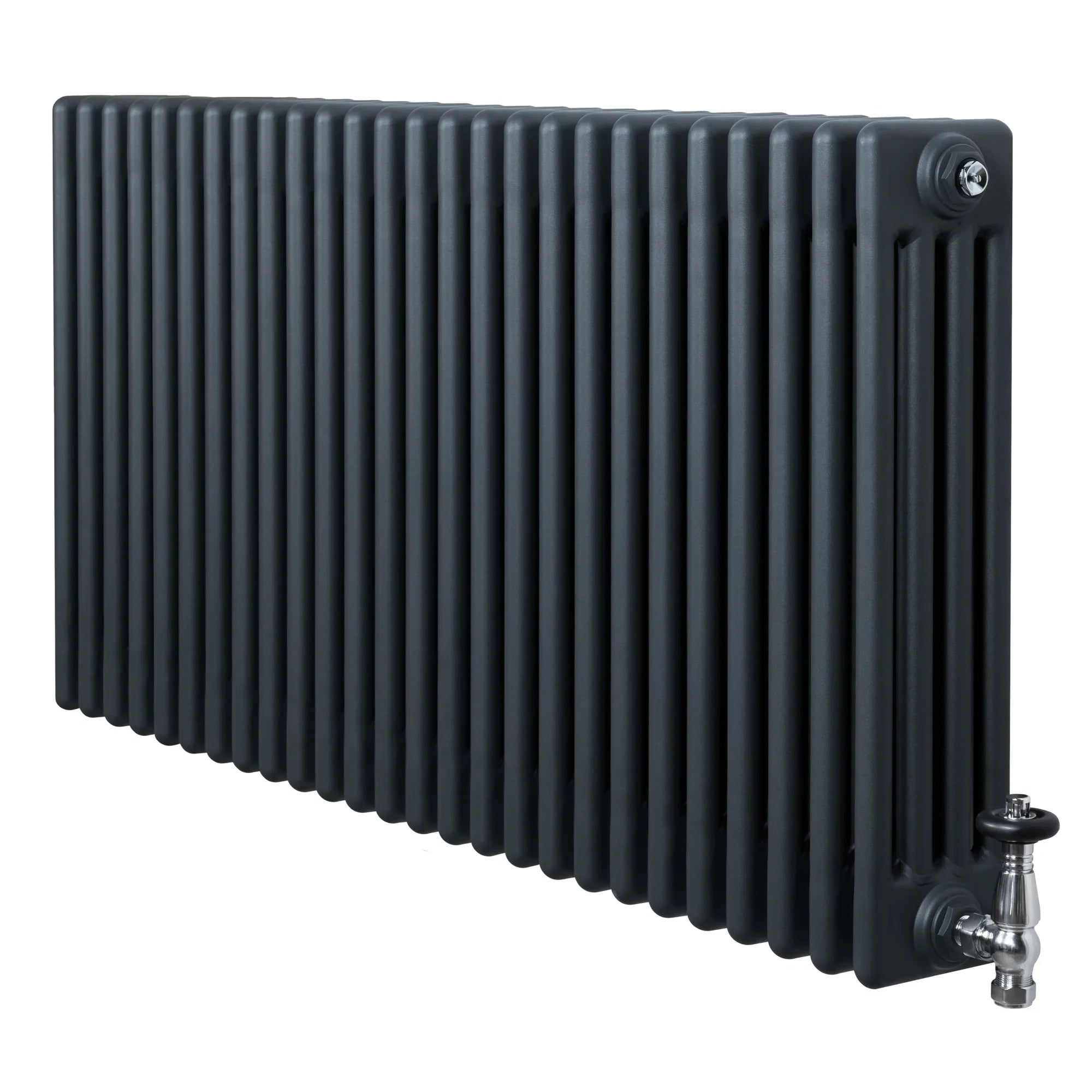 Traditional 4 Column Radiator & Valves - 600 x 1190mm - Anthracite Grey