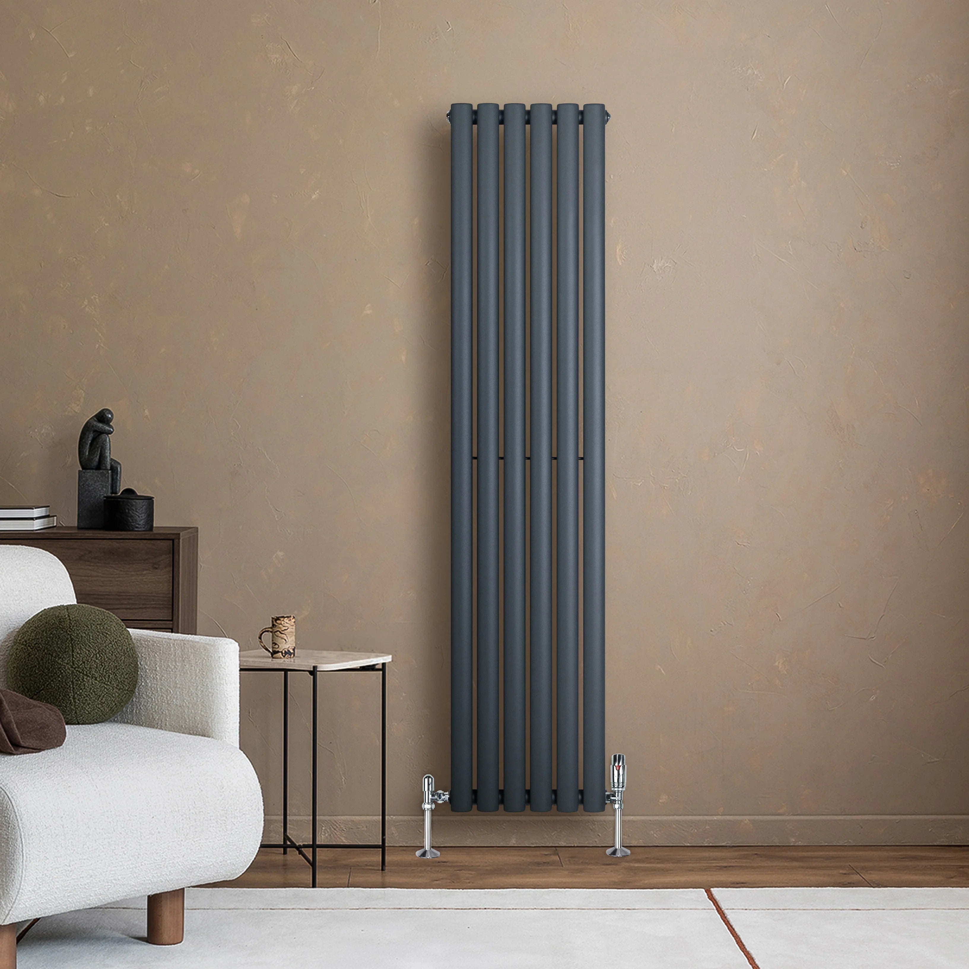 Oval Single Column Radiator & Valves – 1600mm x 360mm – Anthracite Grey