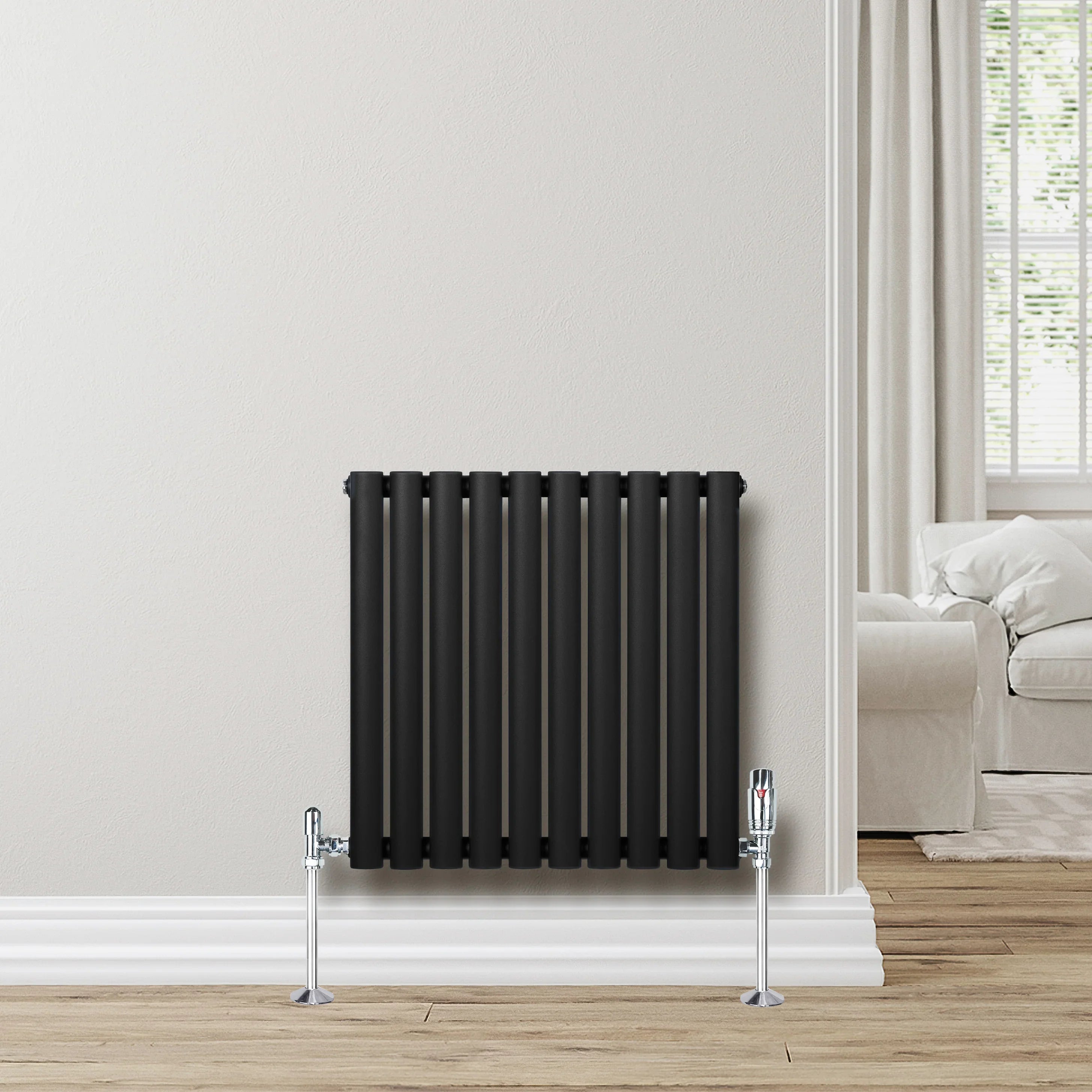 Oval Single Column Radiator & Valves – 600mm x 600mm – Black