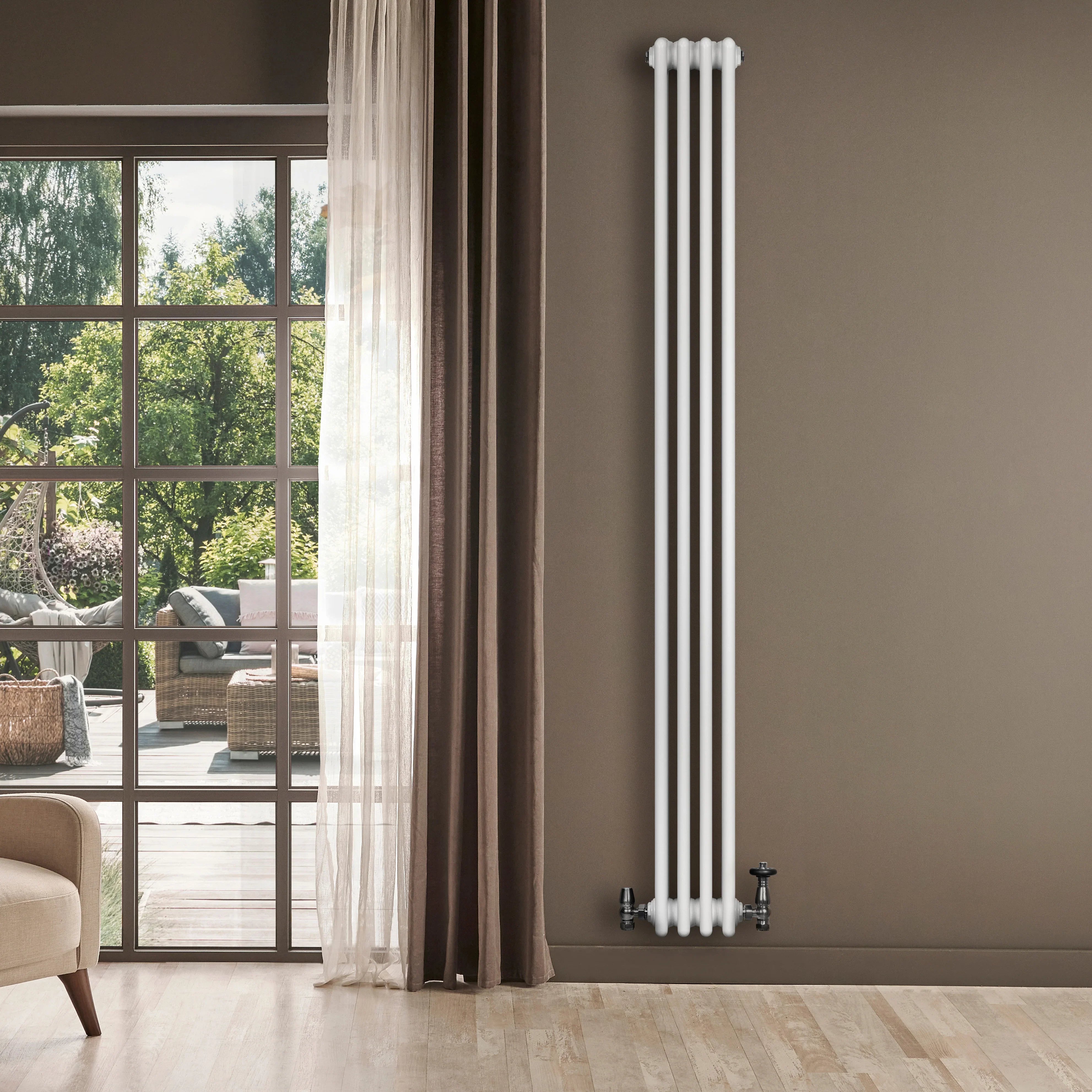 Traditional 4 Column Radiator & Valves - 1800 x 200mm -  White