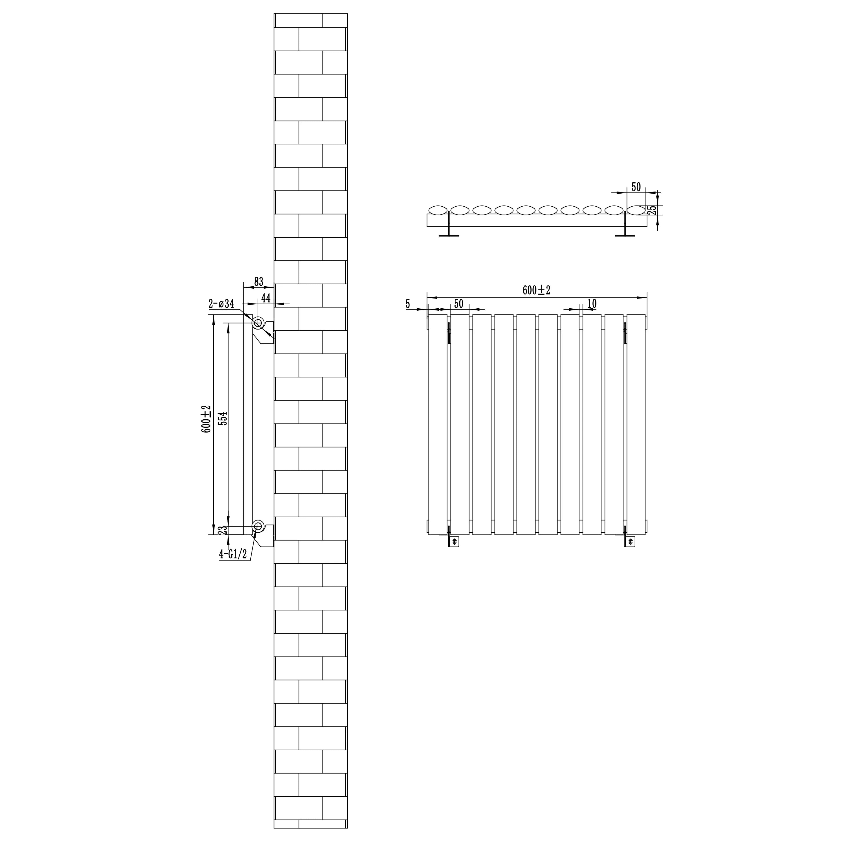 Oval Single Column Radiator & Valves – 600mm x 600mm – Black