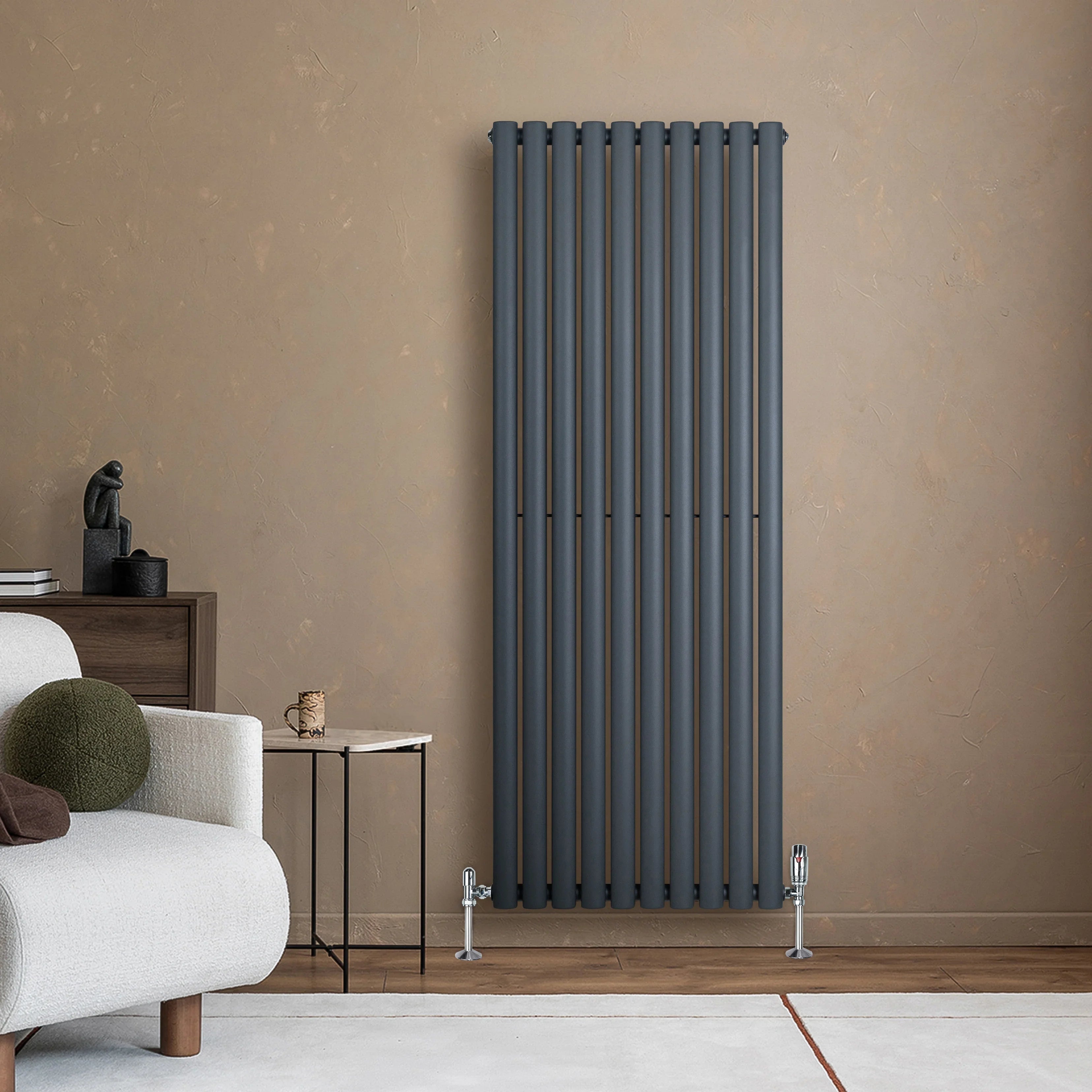 Oval Single Column Radiator & Valves – 1600mm x 600mm – Anthracite Grey