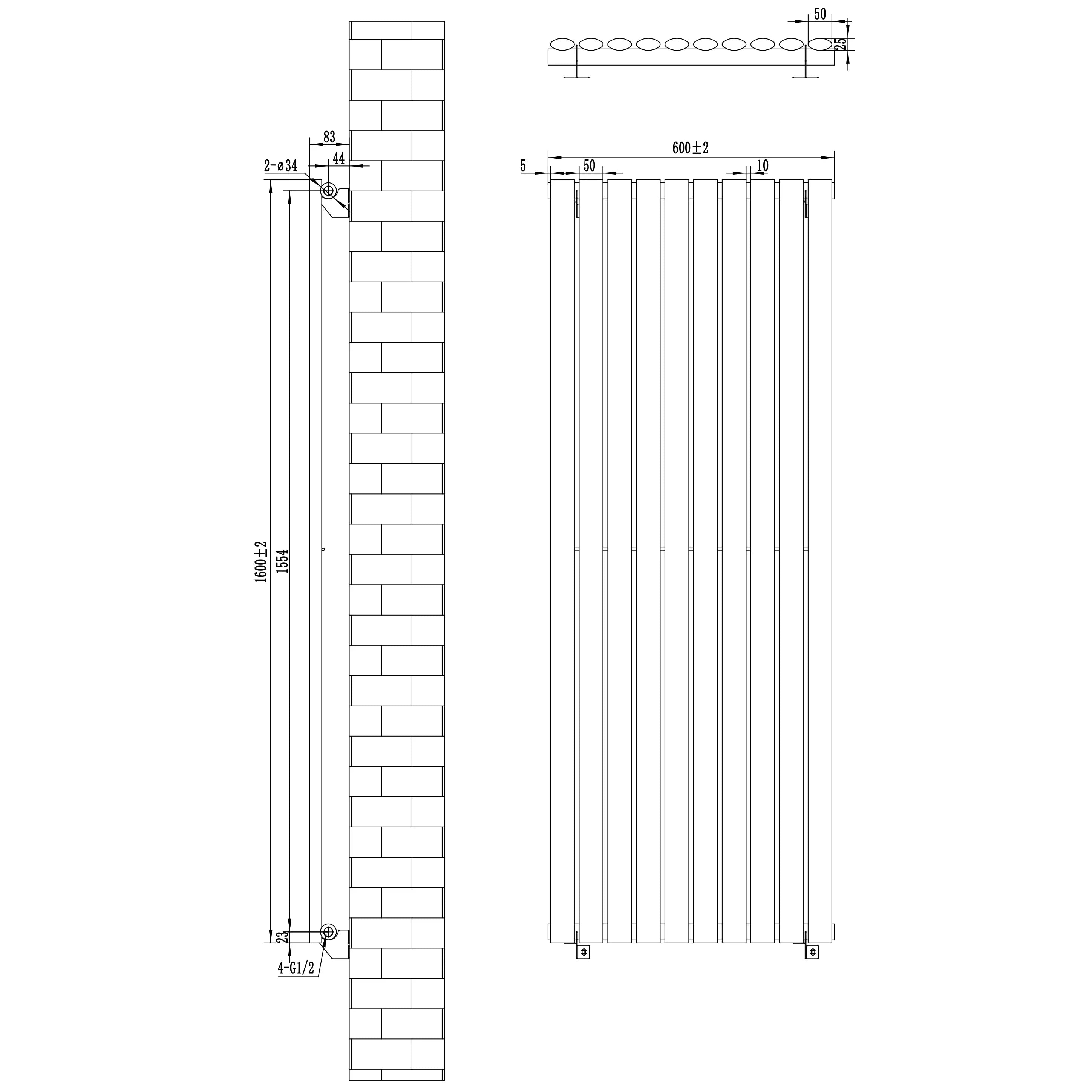 Oval Single Column Radiator & Valves – 1600mm x 600mm – Anthracite Grey