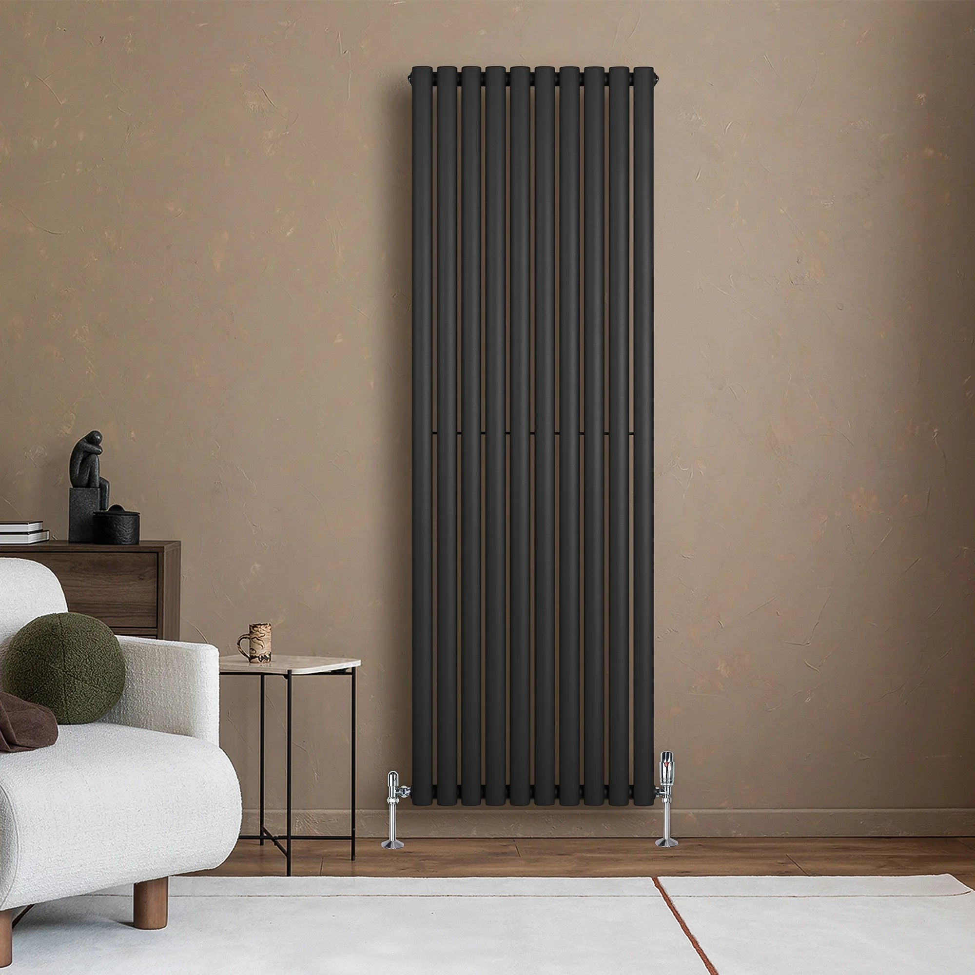 Oval Single Column Radiator & Valves – 1800mm x 600mm – Black