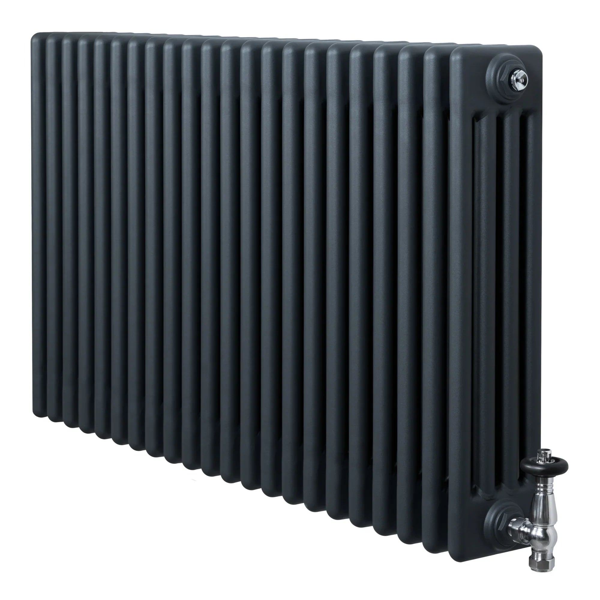 Traditional 4 Column Radiator & Valves - 600 x 1010mm - Anthracite Grey