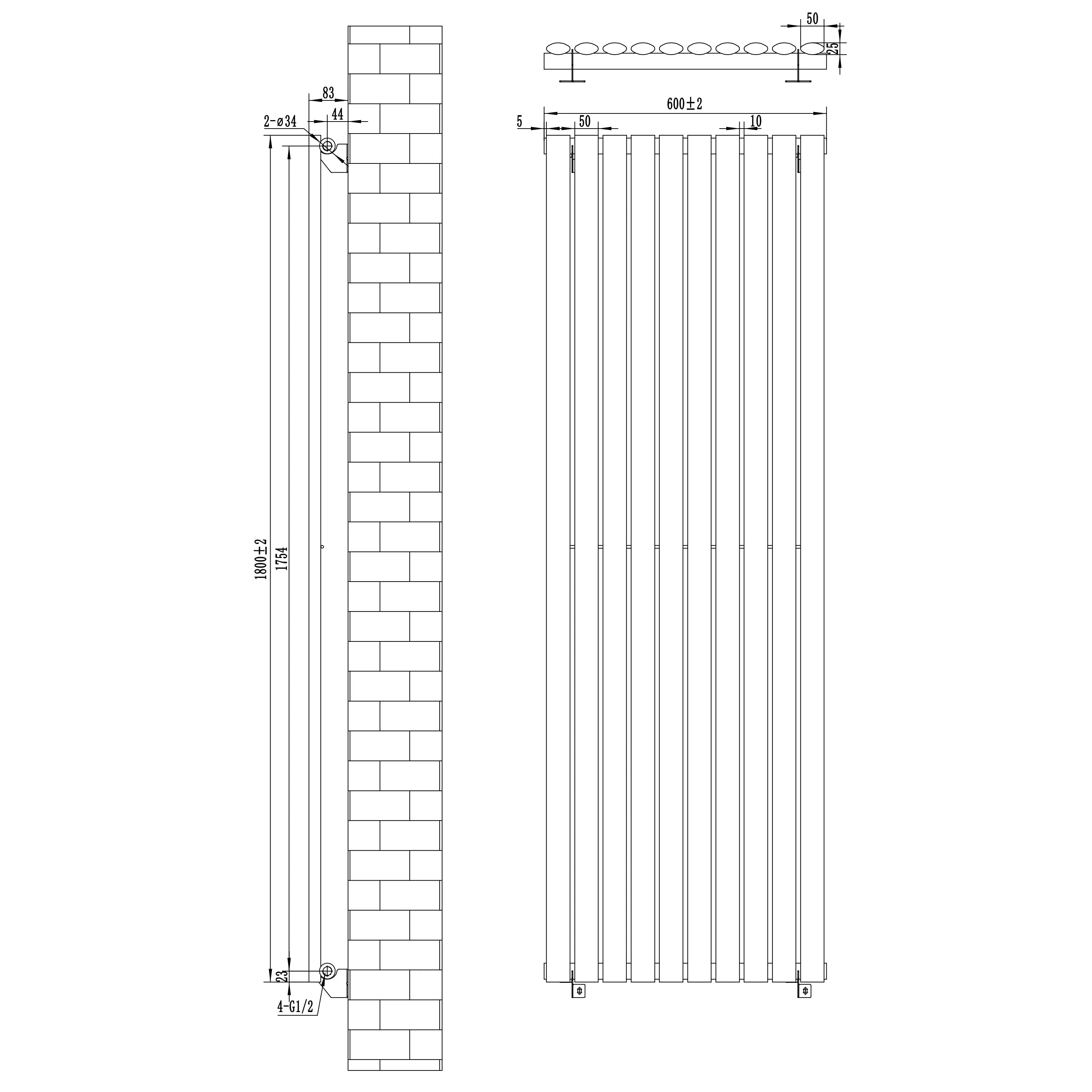 Oval Single Column Radiator & Valves – 1800mm x 600mm – Black