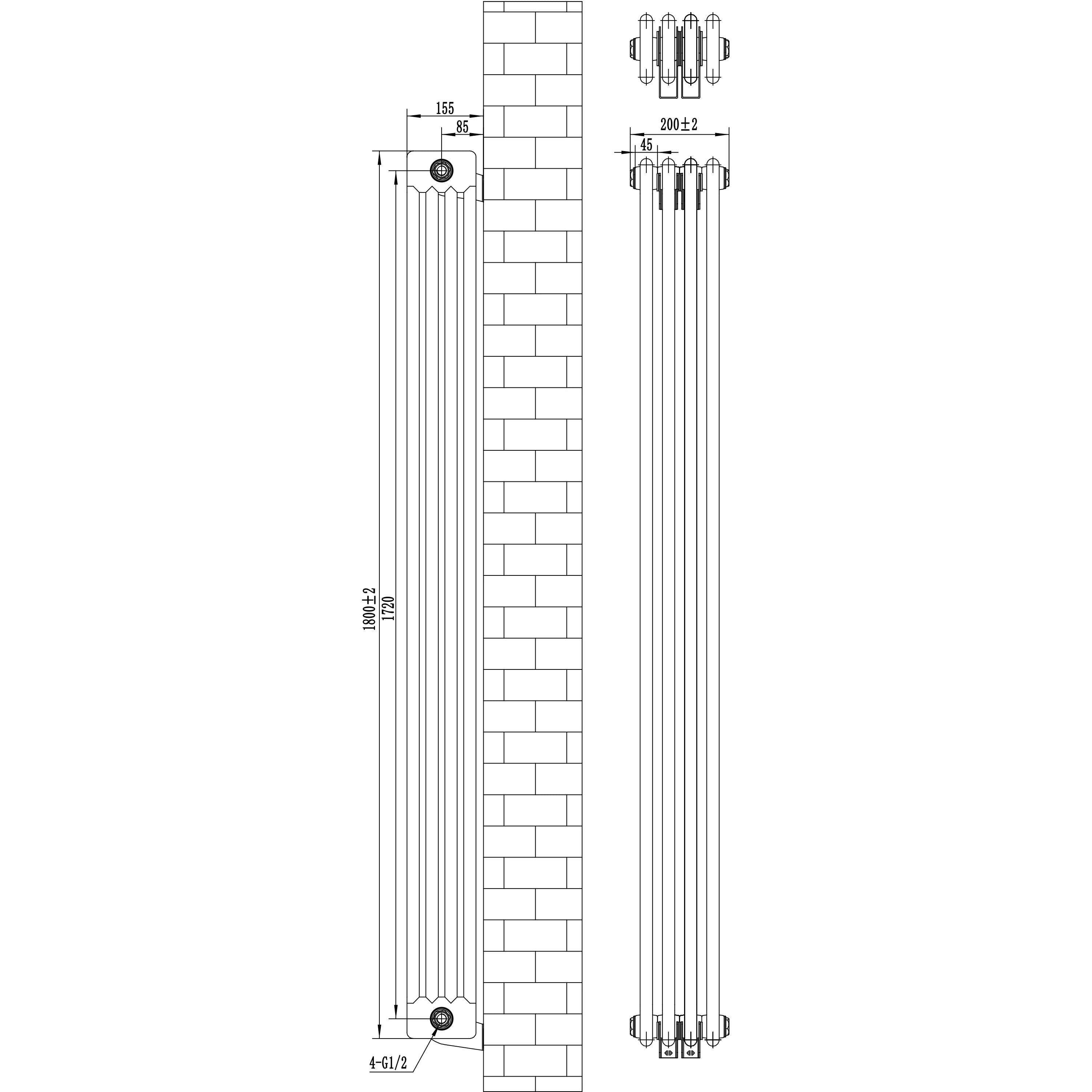 Traditional 4 Column Radiator & Valves - 1800 x 200mm -  Black