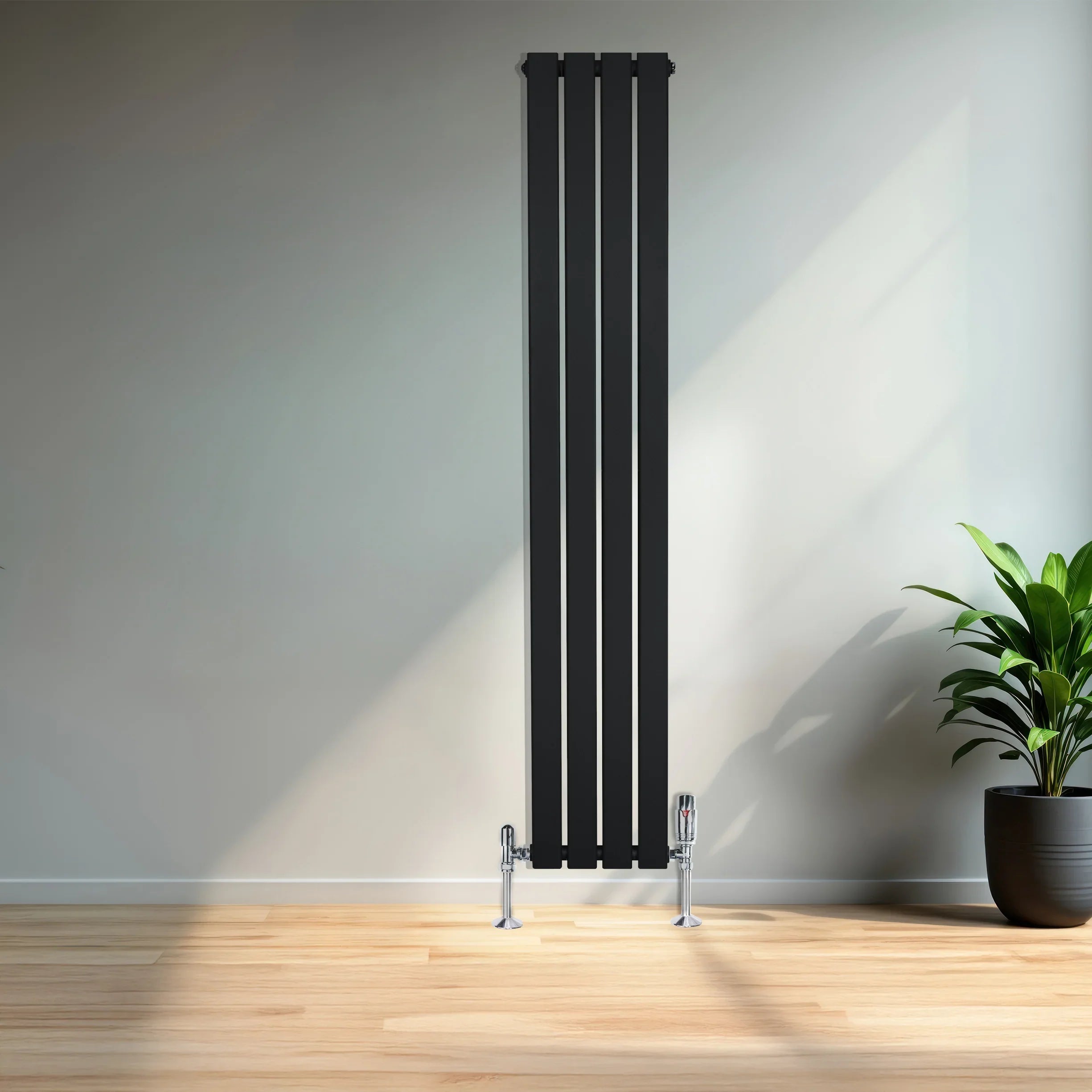 Flat Single Column Radiator & Valves – 1600mm x 280mm – Black