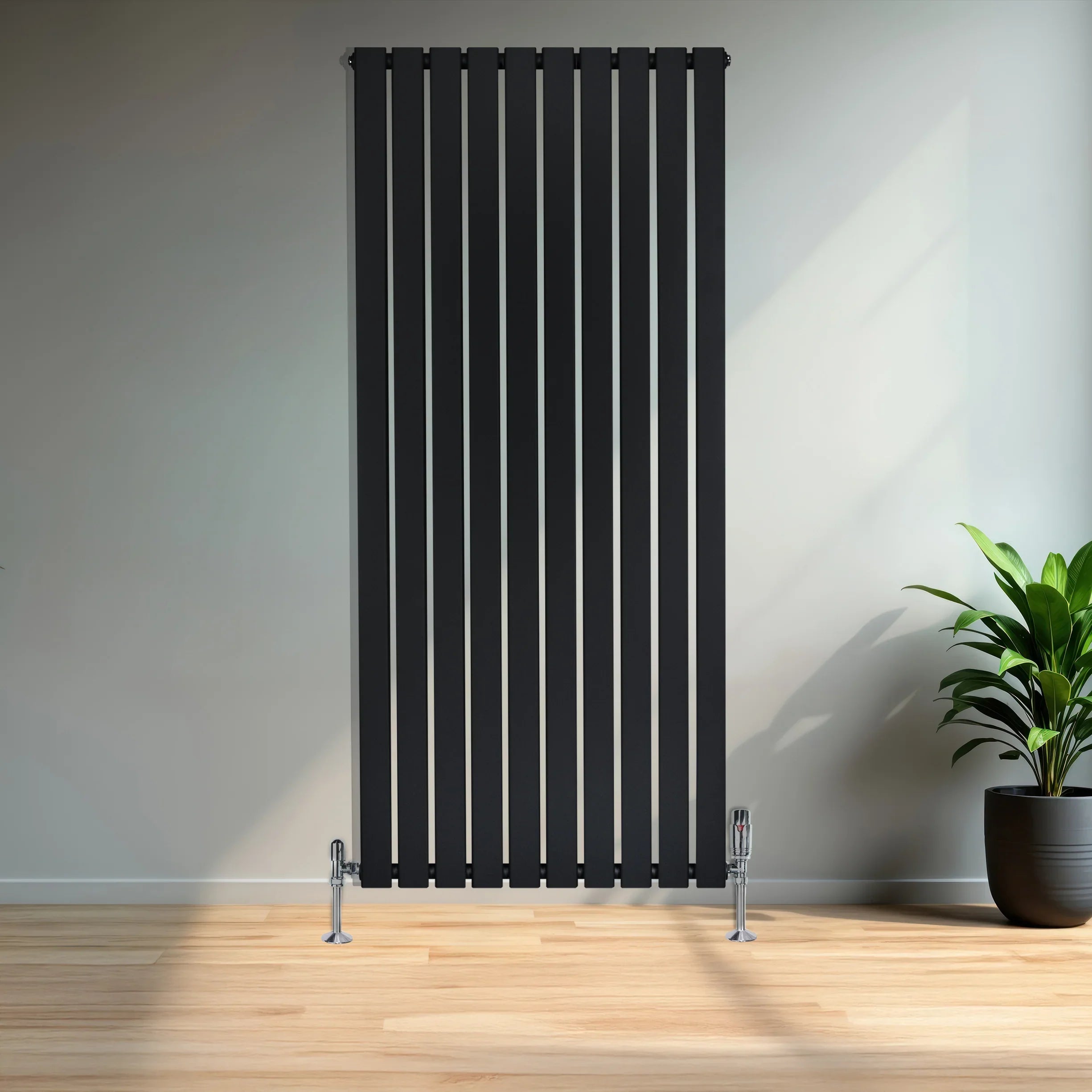 Flat Single Column Radiator – 1600mm x 700mm & Valves – Black