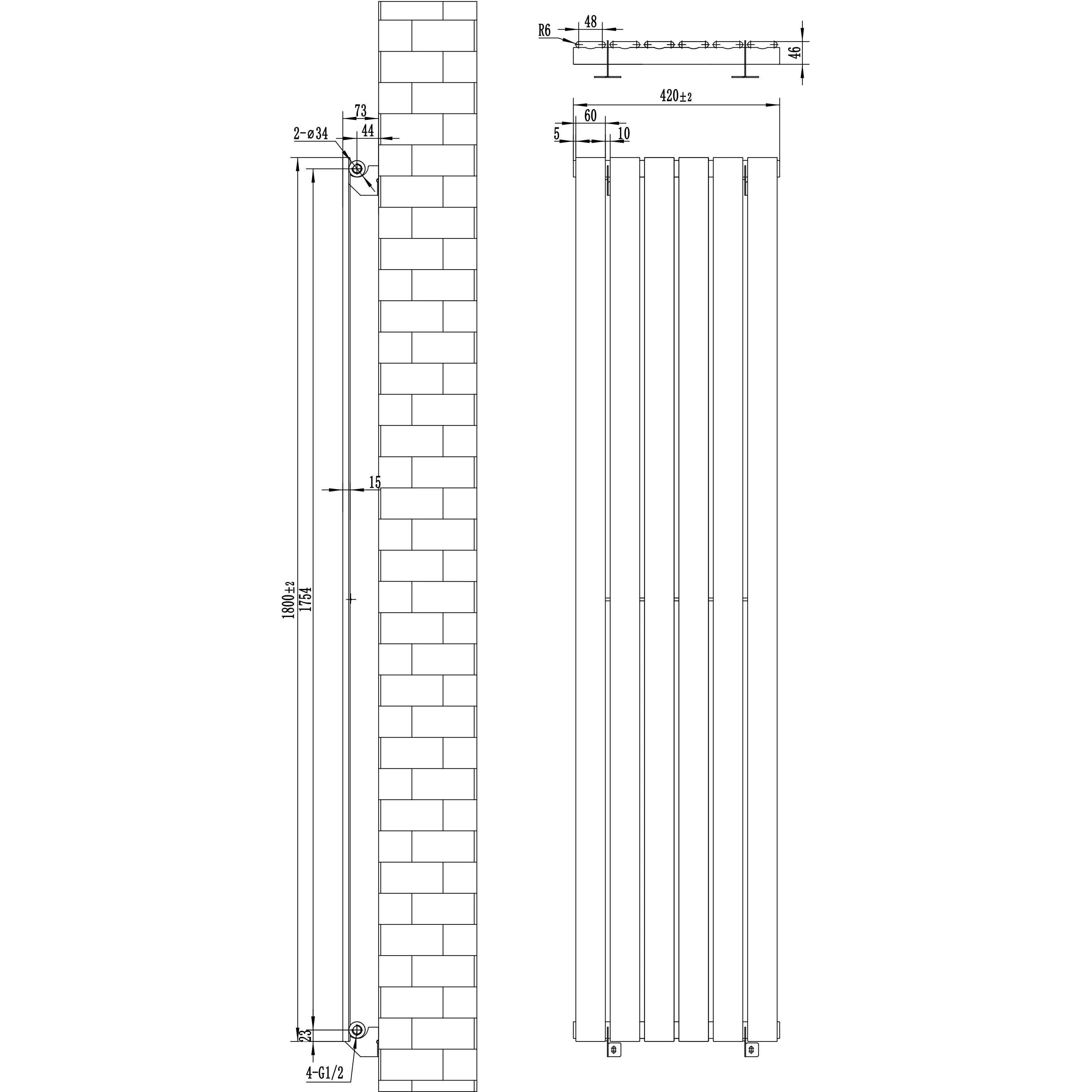 Flat Single Column Radiator & Valves – 1800mm x 420mm – Black