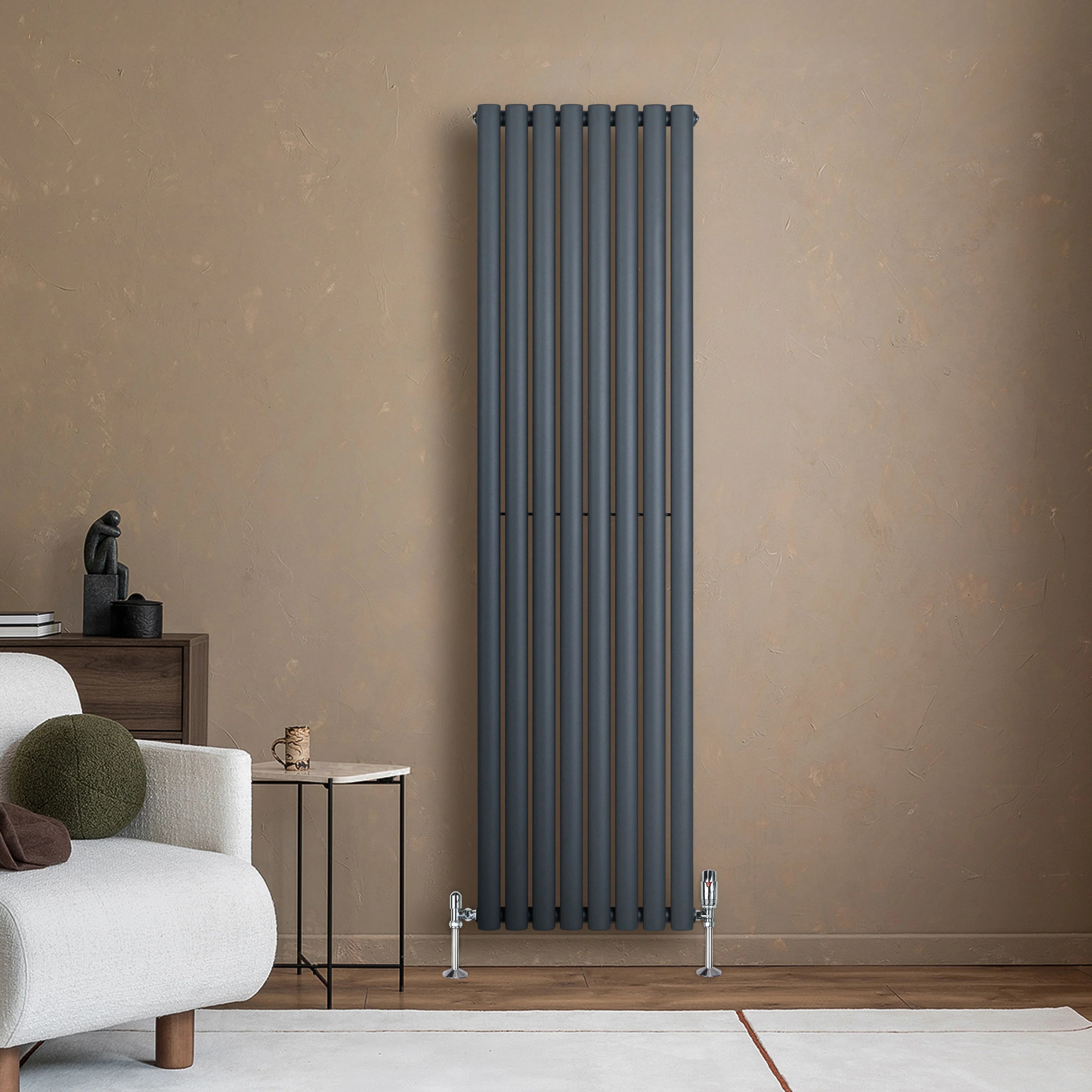 Oval Single Column Radiator & Valves – 1800mm x 480mm – Anthracite Grey