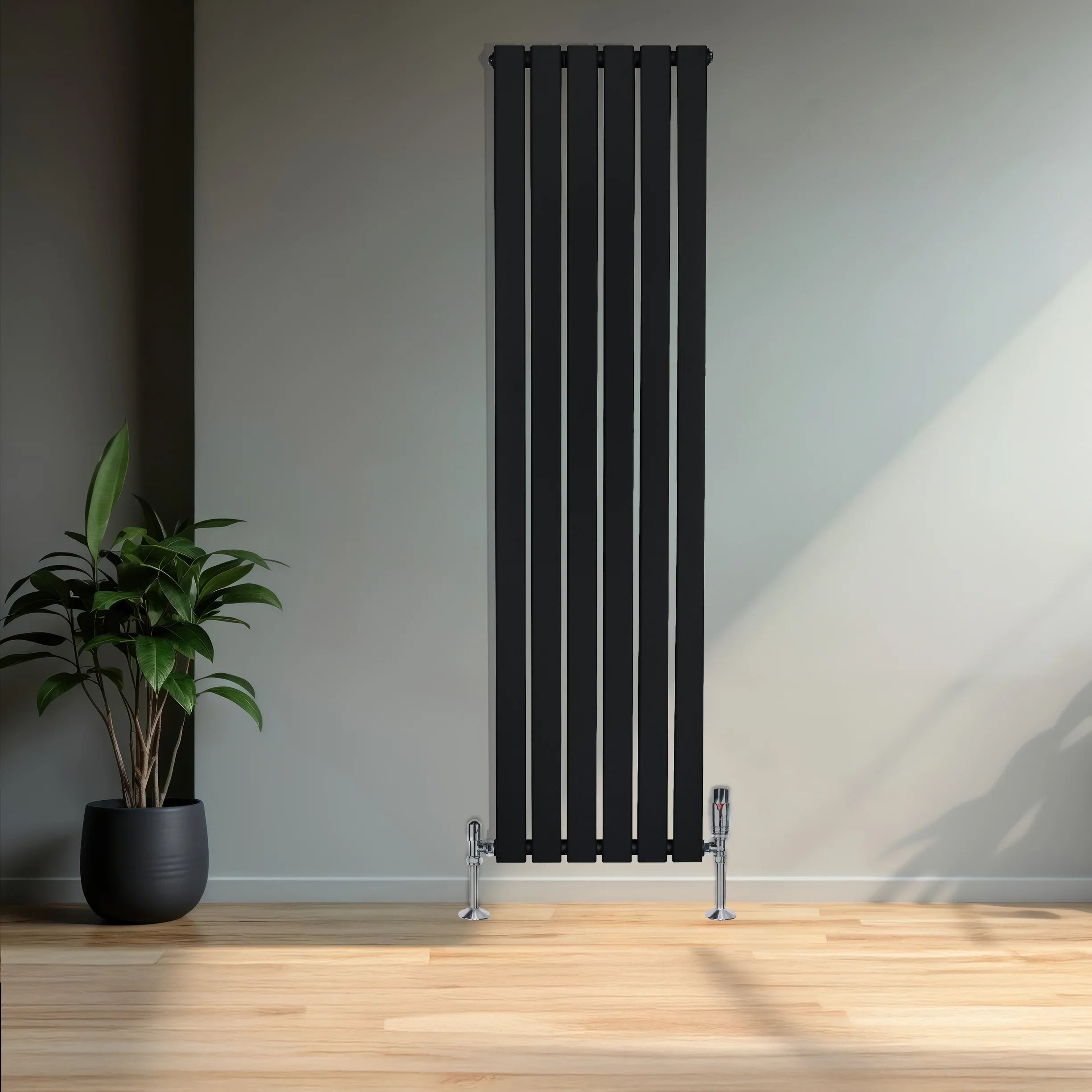 Flat Single Column Radiator & Valves – 1600mm x 420mm – Black