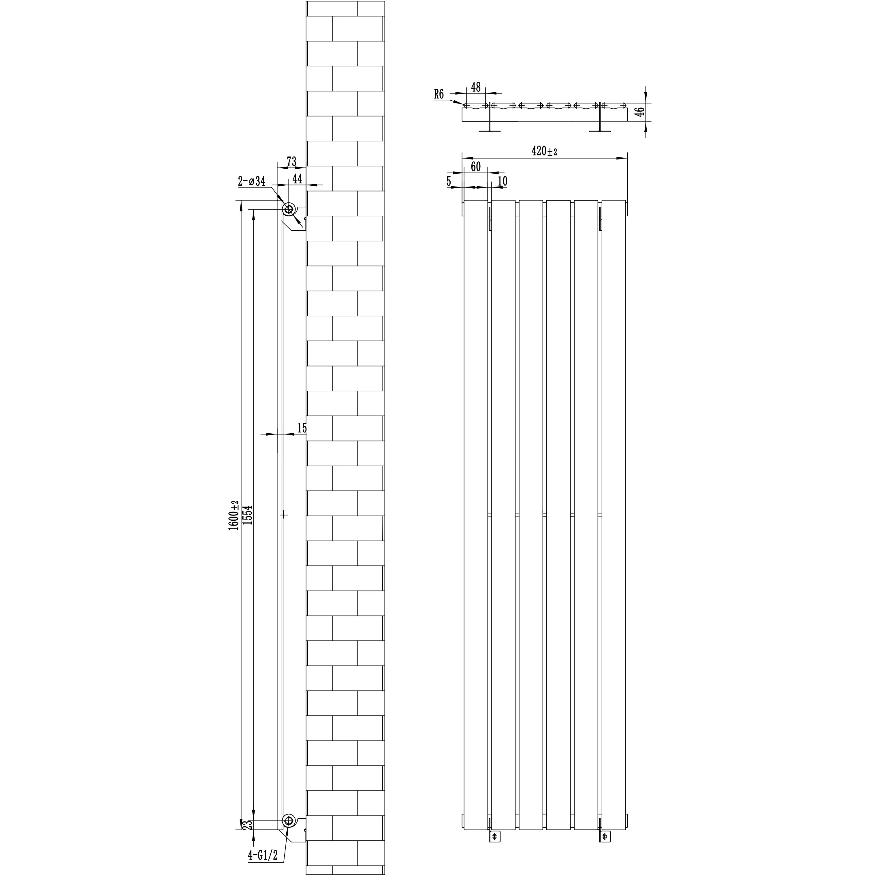 Flat Single Column Radiator & Valves – 1600mm x 420mm – Black