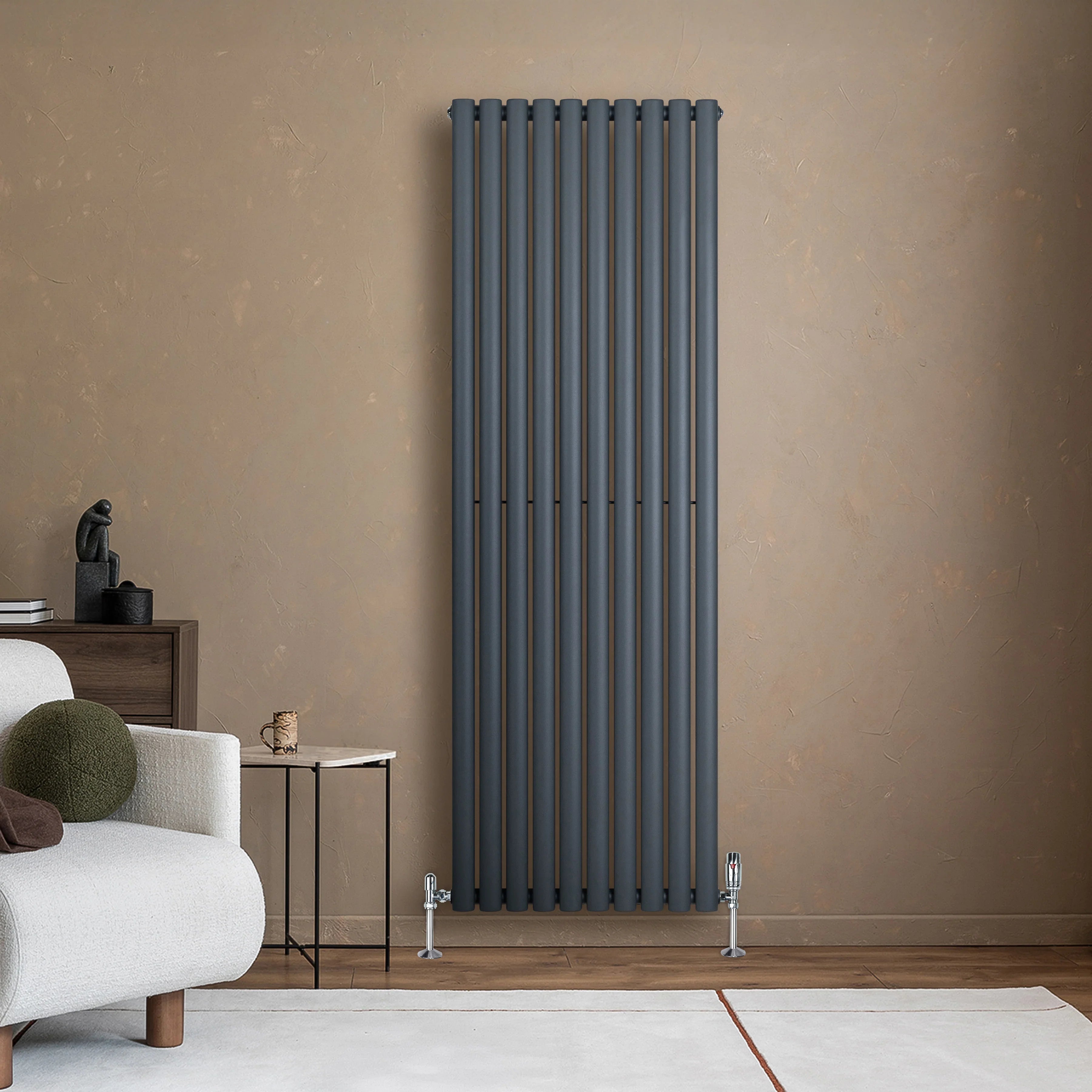 Oval Single Column Radiator & Valves – 1800mm x 600mm – Anthracite Grey