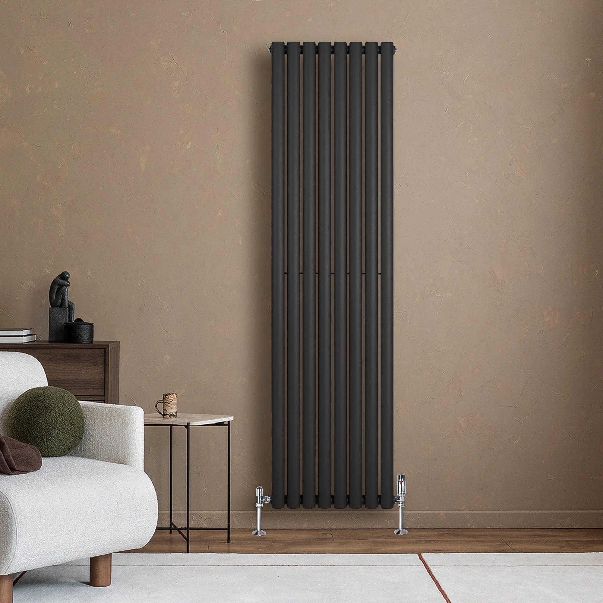 Oval Single Column Radiator & Valves – 1800mm x 480mm – Black