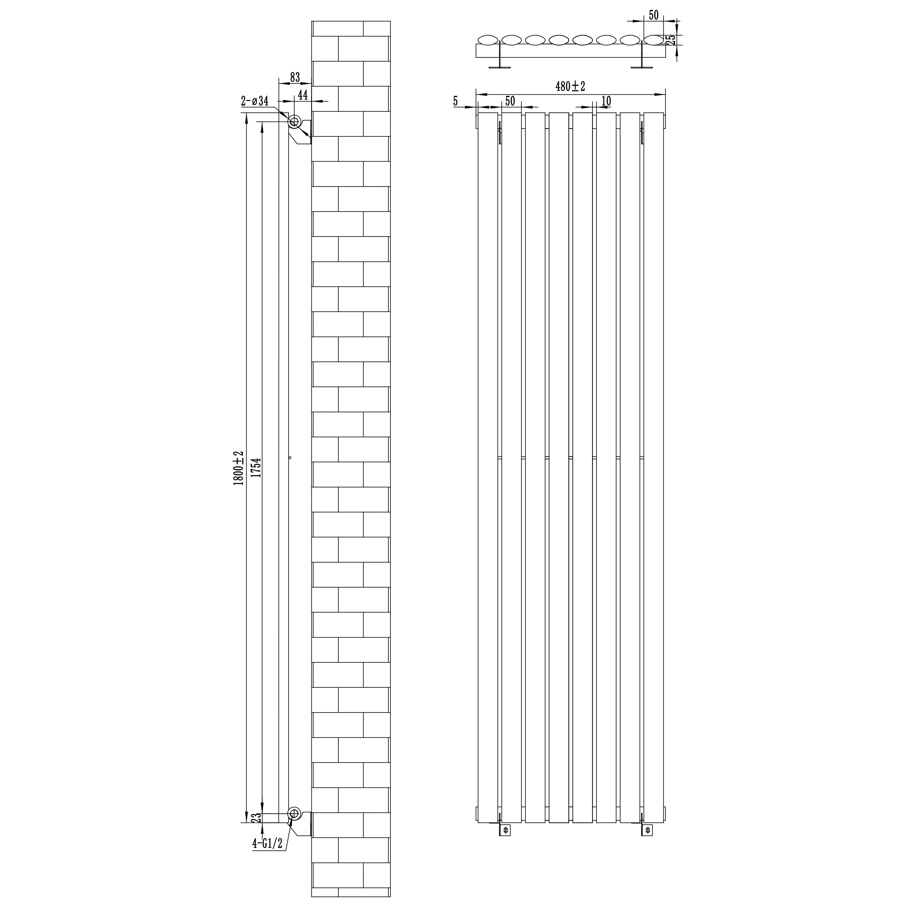 Oval Single Column Radiator & Valves – 1800mm x 480mm – Black