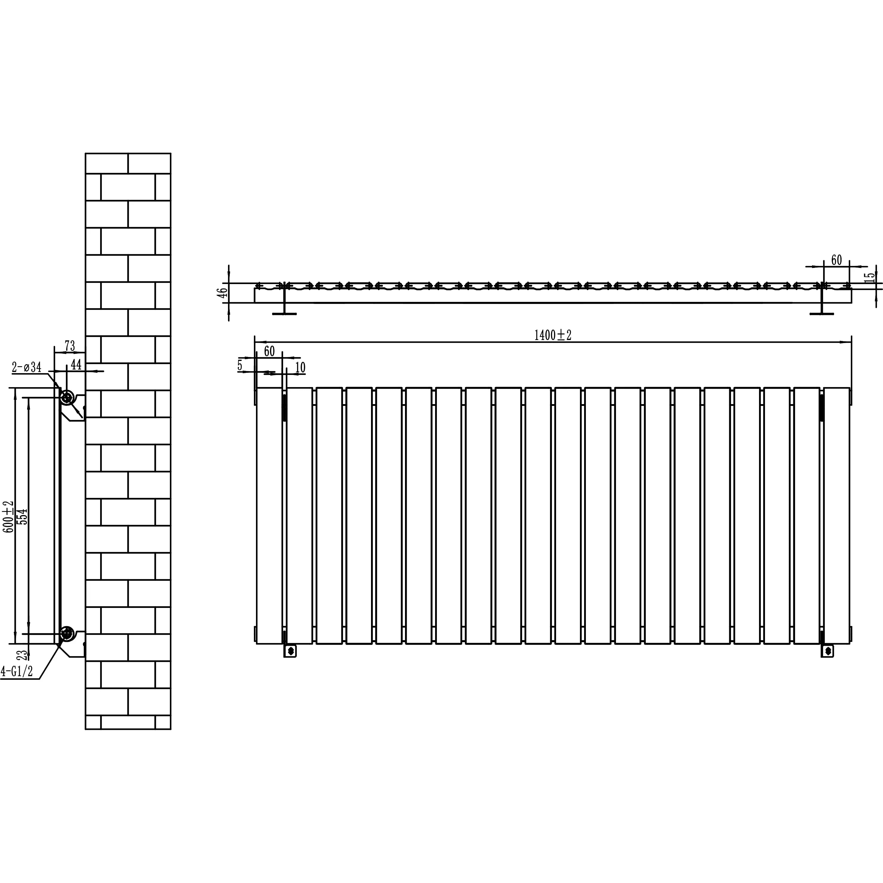 Flat Single Column Radiator & Valves – 600mm x 1400mm – Anthracite Grey