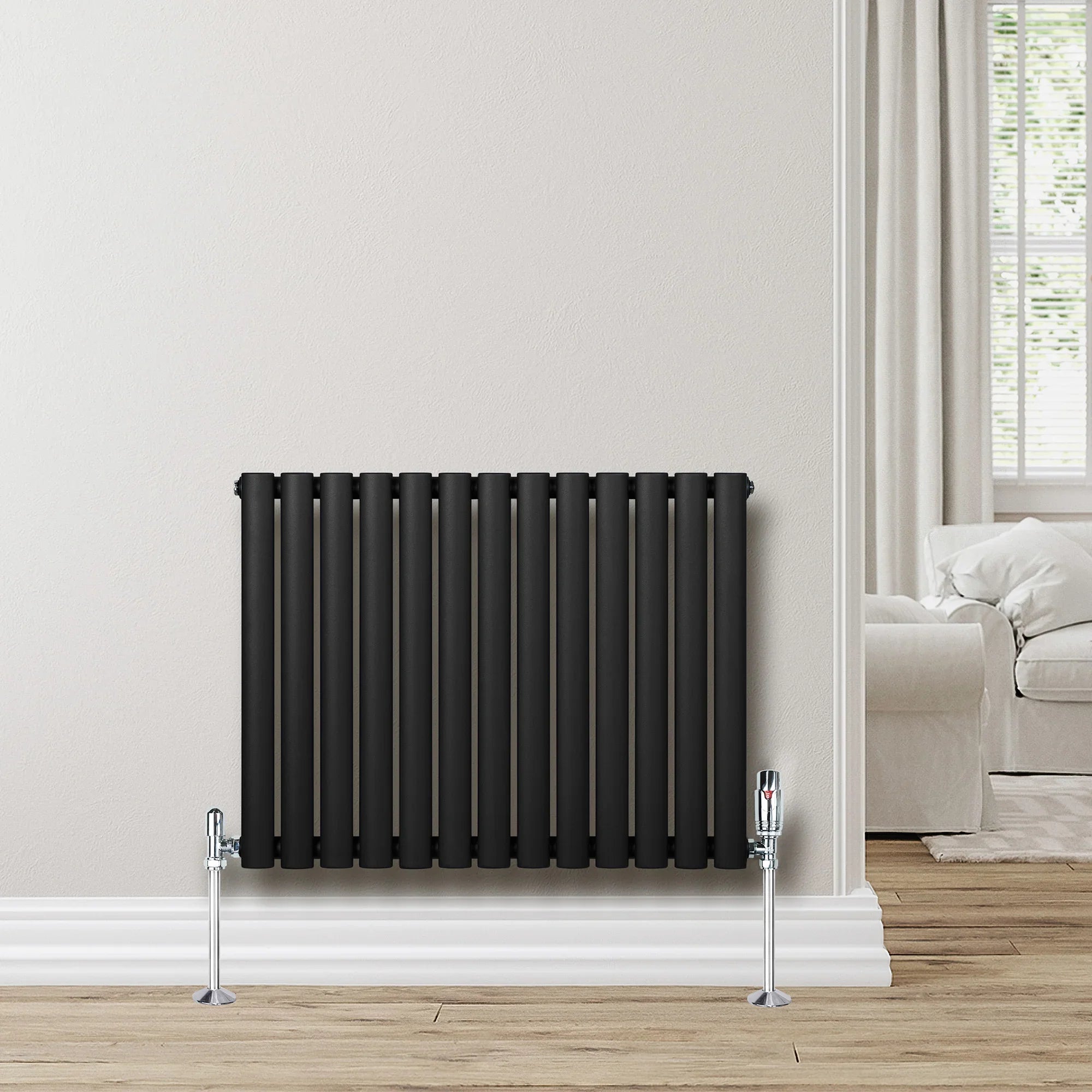 Oval Single Column Radiator & Valves – 600mm x 780mm – Black