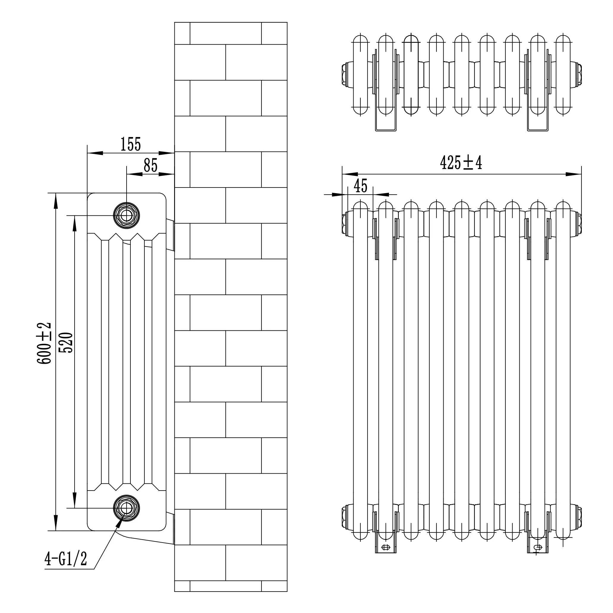 Traditional 4 Column Radiator & Valves - 600 x 425mm - Anthracite Grey