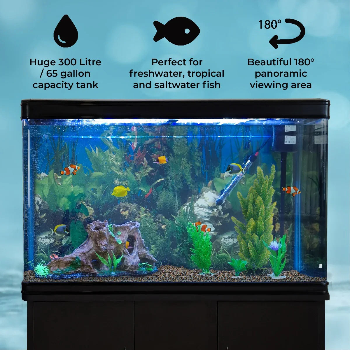 Aquarium Fish Tank and Cabinet with Complete Starter Kit - Black Tank and Natural Gravel