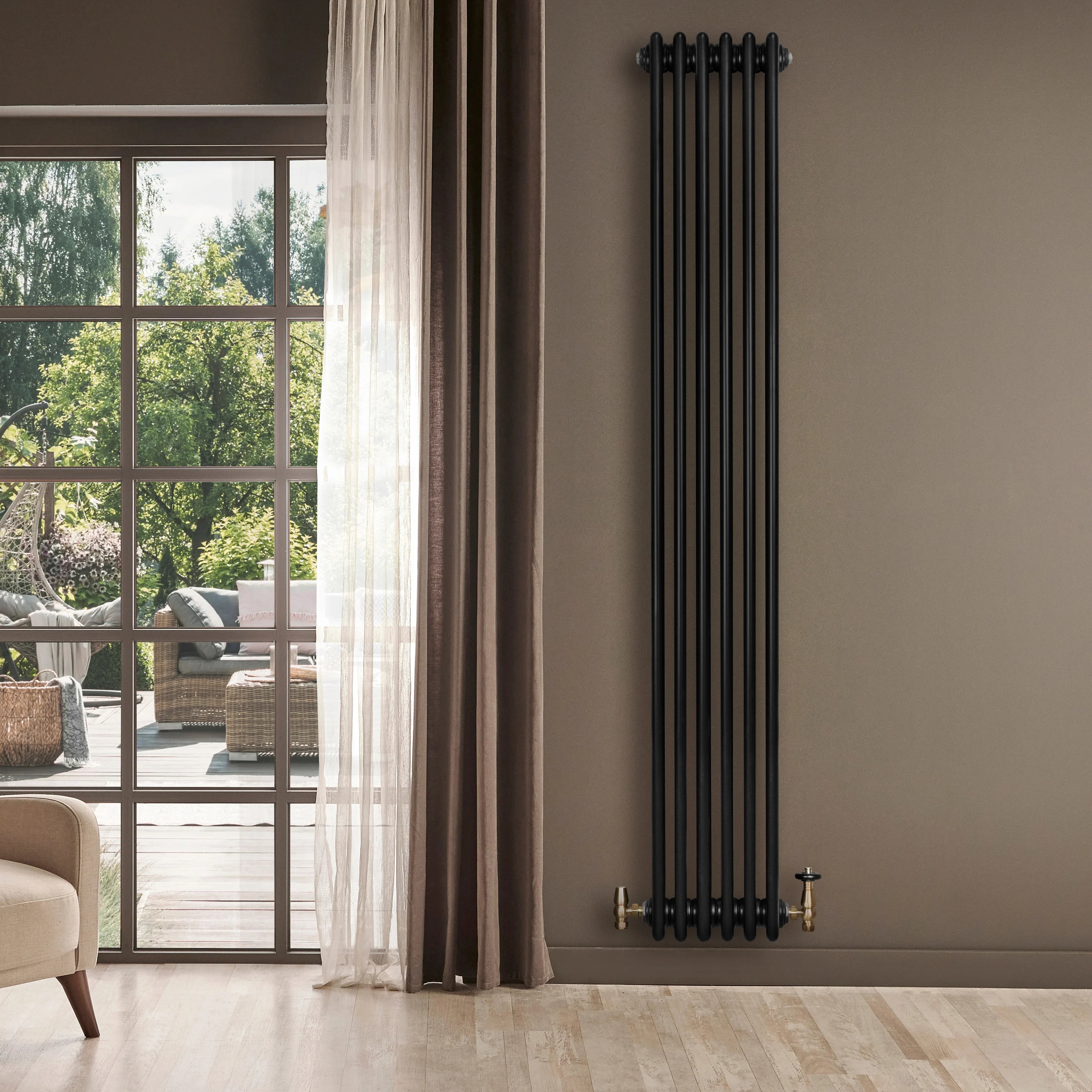 Traditional 4 Column Radiator & Valves - 1800 x 290mm - Black