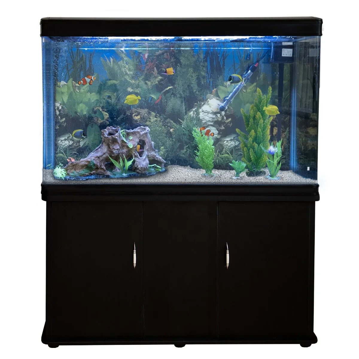 Aquarium Fish Tank & Cabinet with Complete Starter Kit - Black Tank and White Gravel