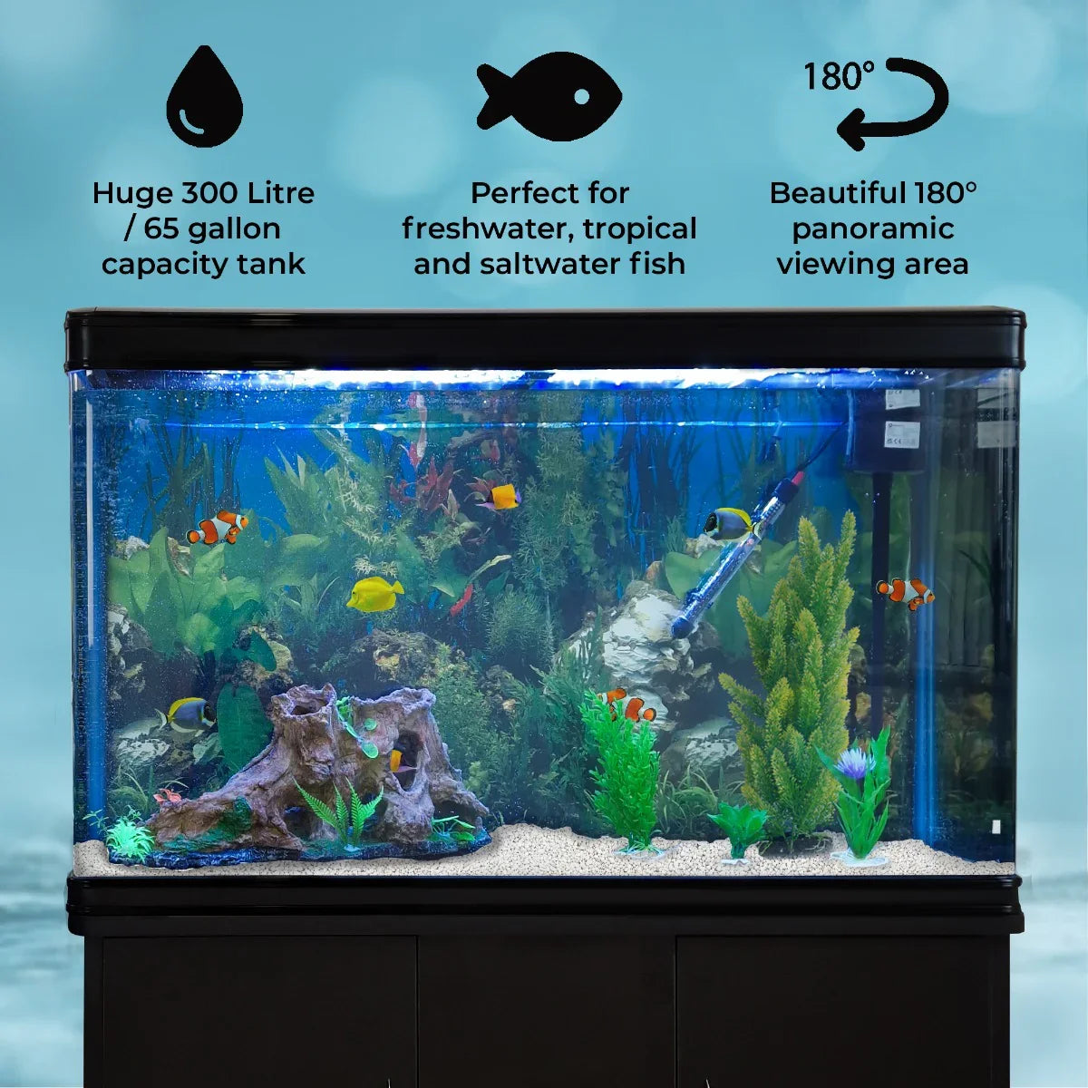 Aquarium Fish Tank & Cabinet with Complete Starter Kit - Black Tank and White Gravel