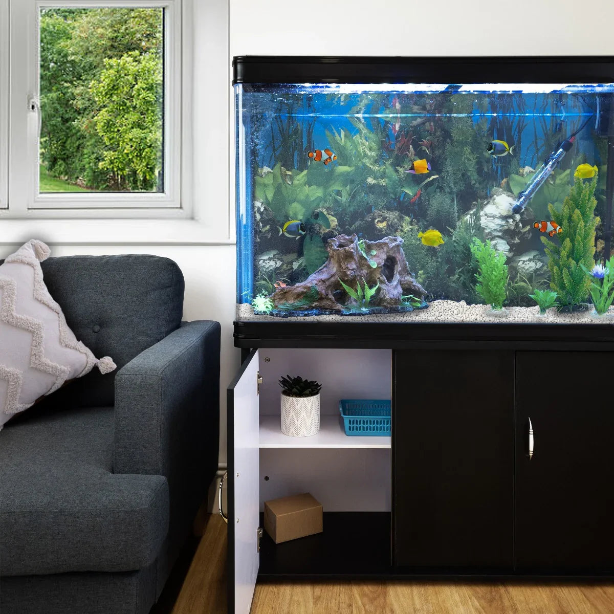 Aquarium Fish Tank & Cabinet with Complete Starter Kit - Black Tank and White Gravel