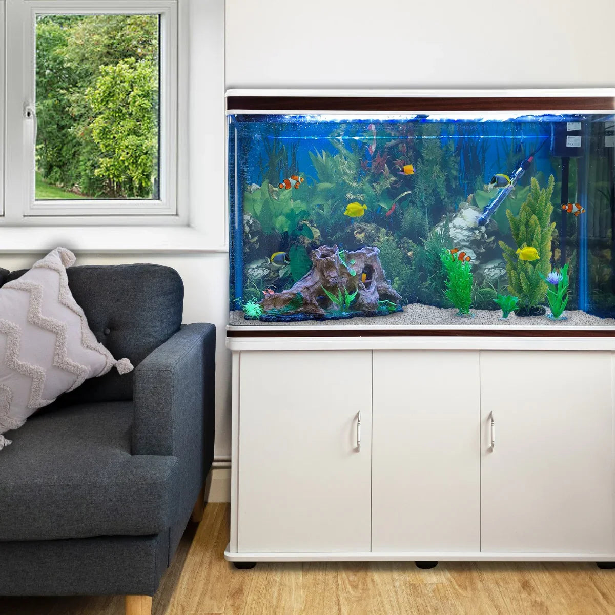 Aquarium Fish Tank Cabinet with Complete Starter Kit - White Tank with White Gravel