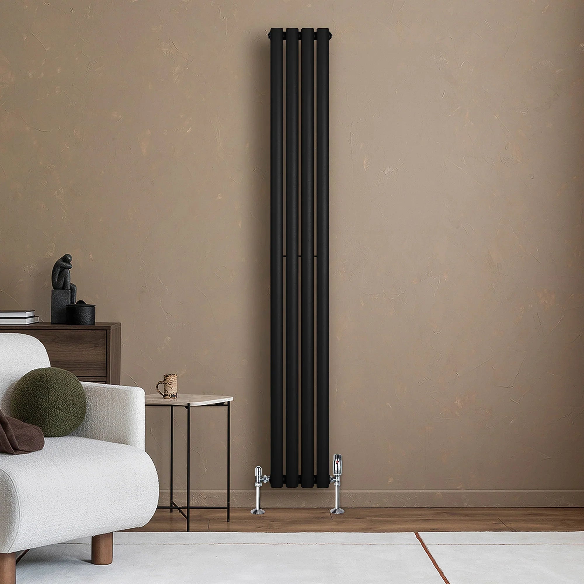 Oval Single Column Radiator & Valves – 1800mm x 240mm – Black